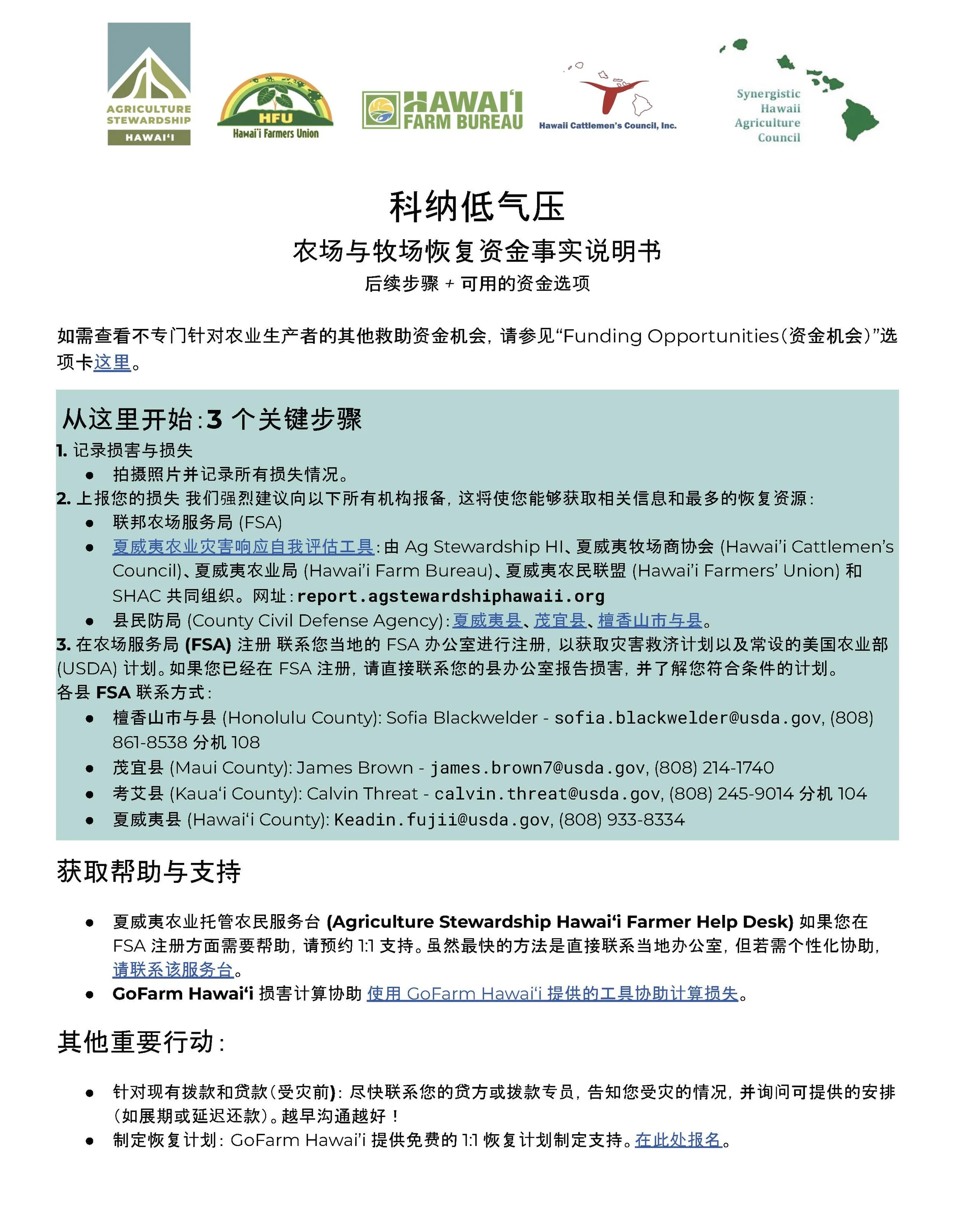 Screenshot of a document titled 'Kē nà jiàng yā yā' about funding opportunities for farmers in Hawaii, featuring logos of Hawaii Agriculture Stewardship, Hawaii Farmers Union, Hawaii Farm Bureau, Hawaii Cattlemen's Council, and the Hawaii Agriculture Council, with text in Chinese explaining steps for applying for recovery funds.