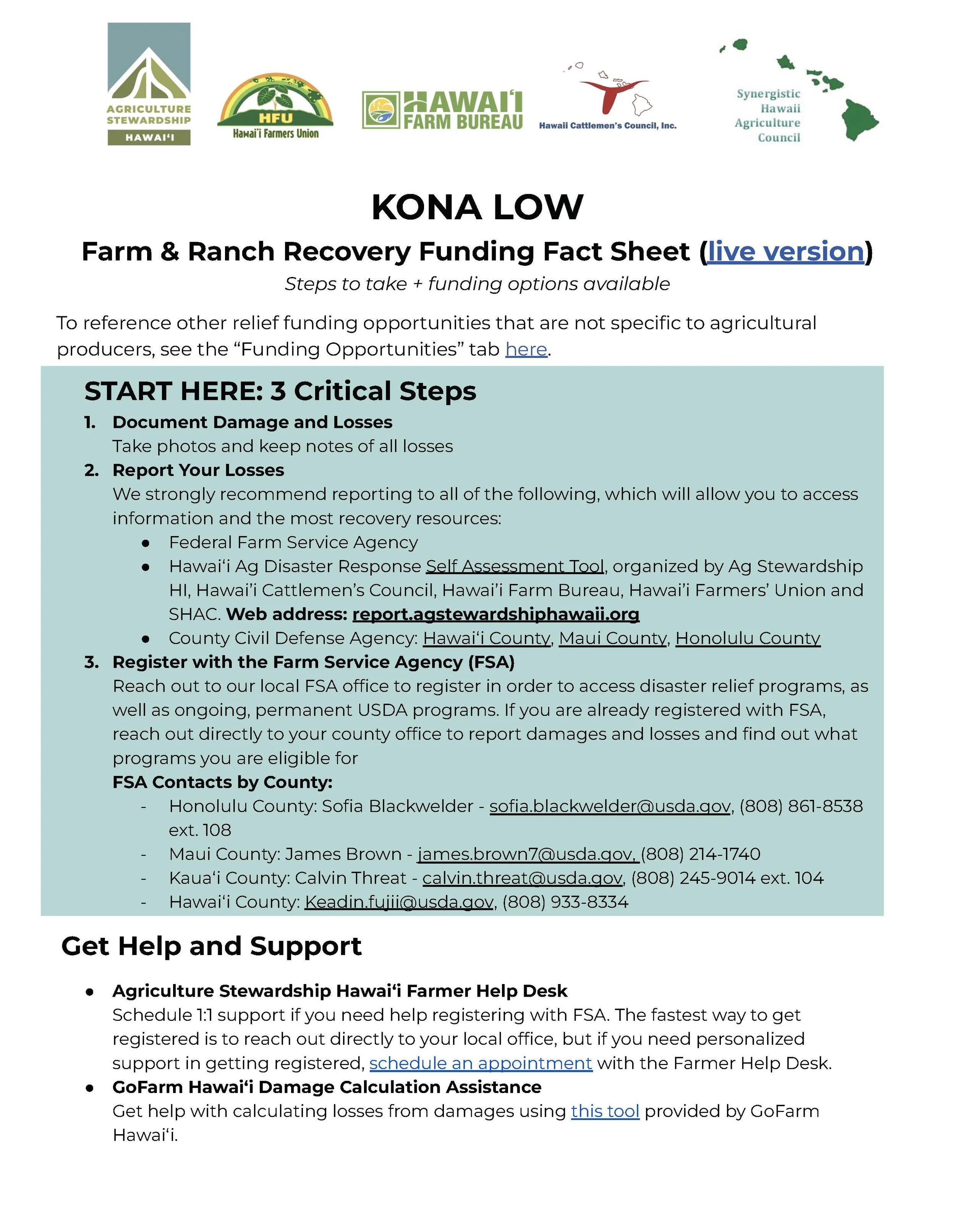 A webpage titled 'Kona Low Farm & Ranch Recovery Funding Fact Sheet' providing steps to take and funding options, including documenting damage, reporting losses, registering for assistance, and calculating damages, with contact information for various counties in Hawaii.