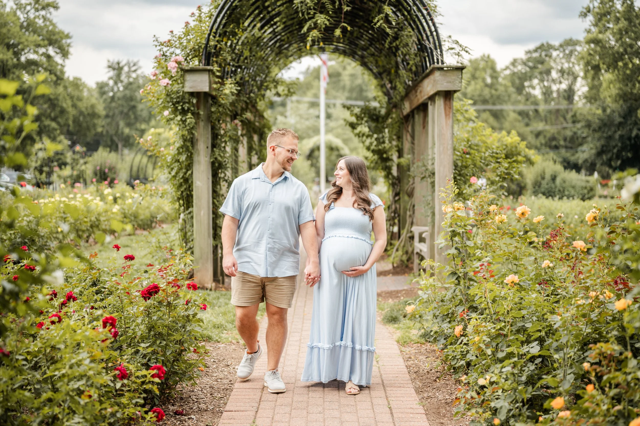 A couple, with the woman being pregnant, walking hand-in-hand through a garden filled with colorful roses under a wooden archway bon air rose garden arligton virginia NOVA