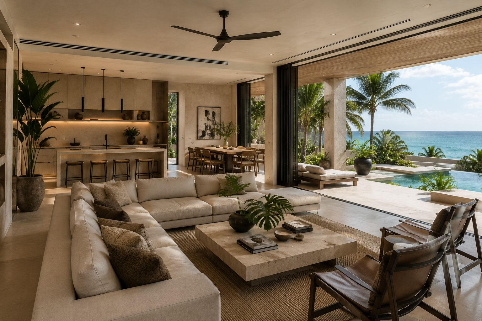 Modern living room with beige sectional sofa, minimalist coffee table, and tropical decor, opening to outdoor pool area with ocean view and palm trees.