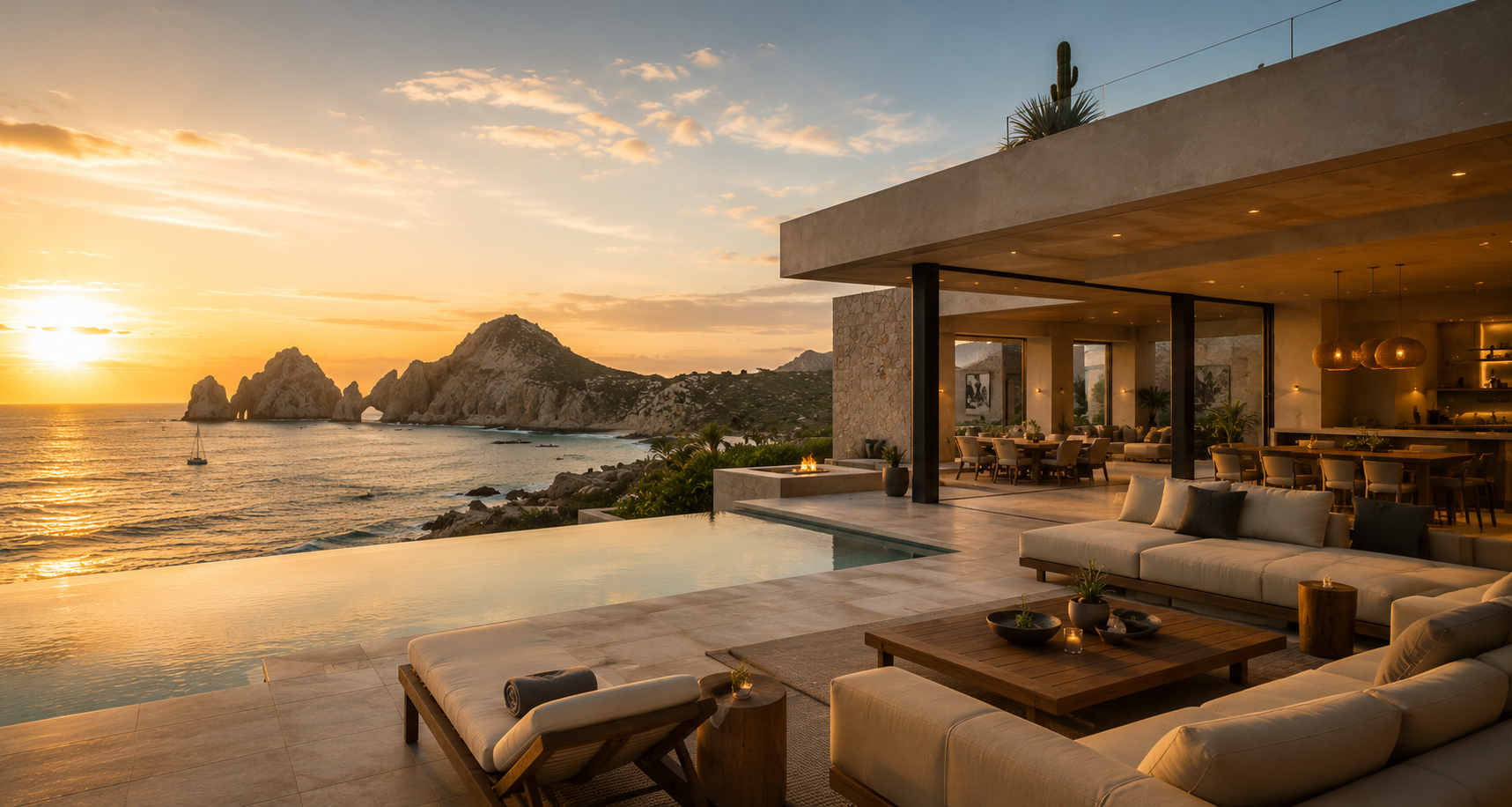 Luxury outdoor living space overlooking the ocean at sunset, featuring a modern infinity pool, white sofas, a wooden coffee table, and an open dining area with a bar, all with scenic rocky coast and sailboat in the distance.