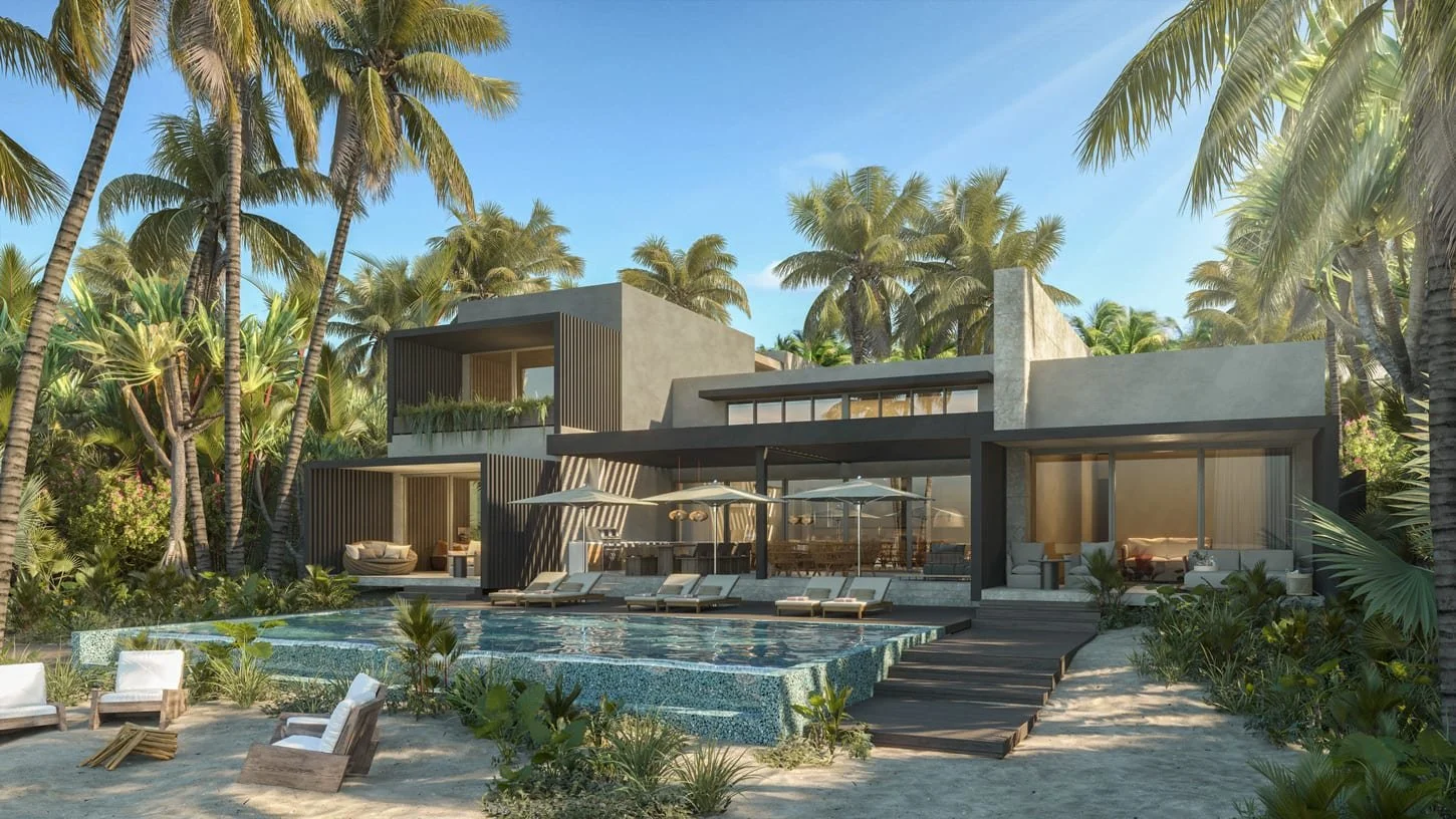 Modern beachfront house surrounded by palm trees with a pool, sun loungers, and outdoor seating area.
