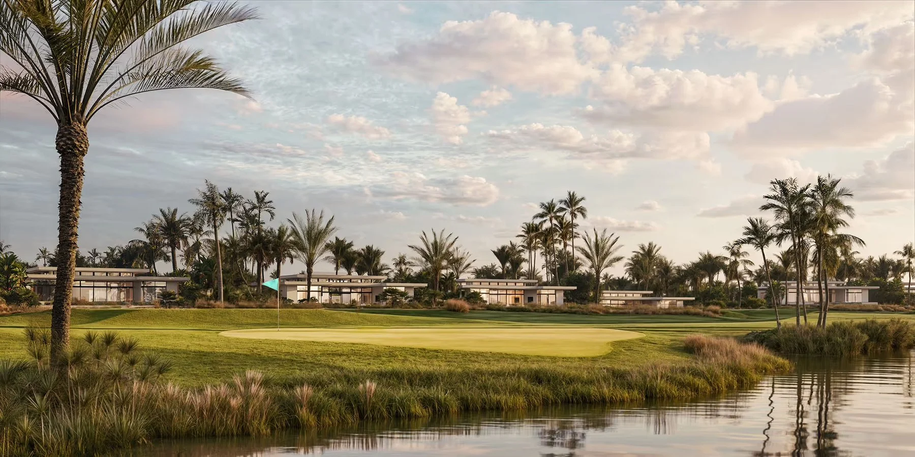 A golf course with lush green grass, a putting green with a flag, surrounded by palm trees, modern buildings in the background, and a small body of water reflecting the scenery, under a partly cloudy sky.