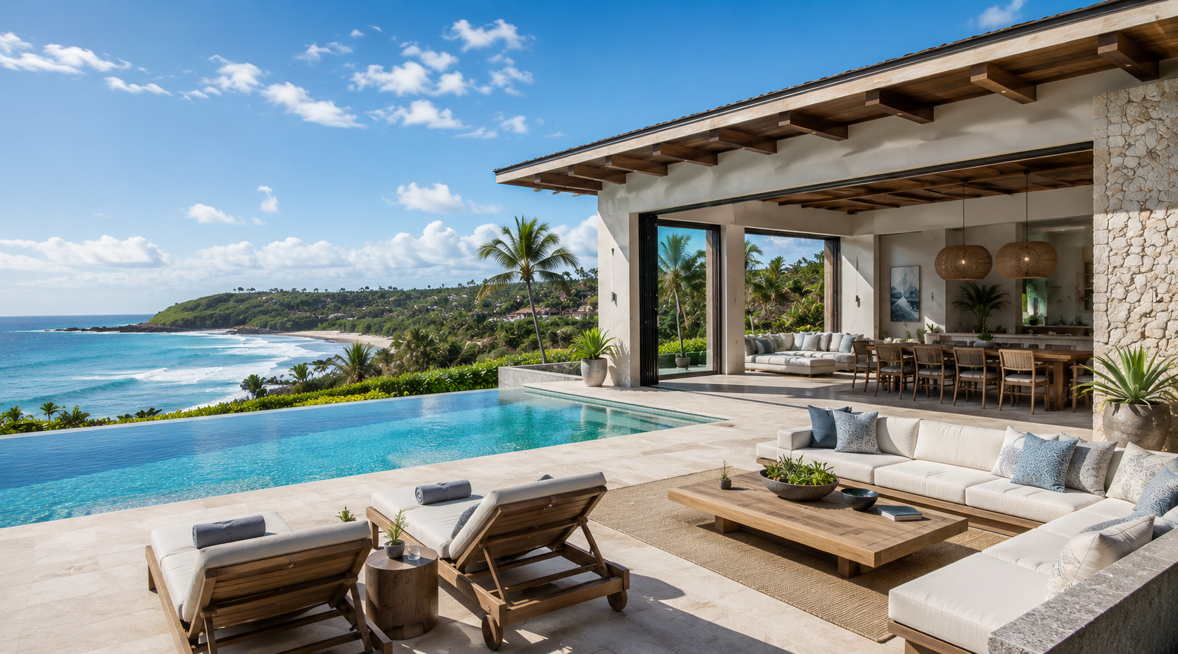 Luxury open-concept living space with infinity pool overlooking the ocean, featuring modern furniture, potted plants, and scenic coastal views with hills and palm trees.