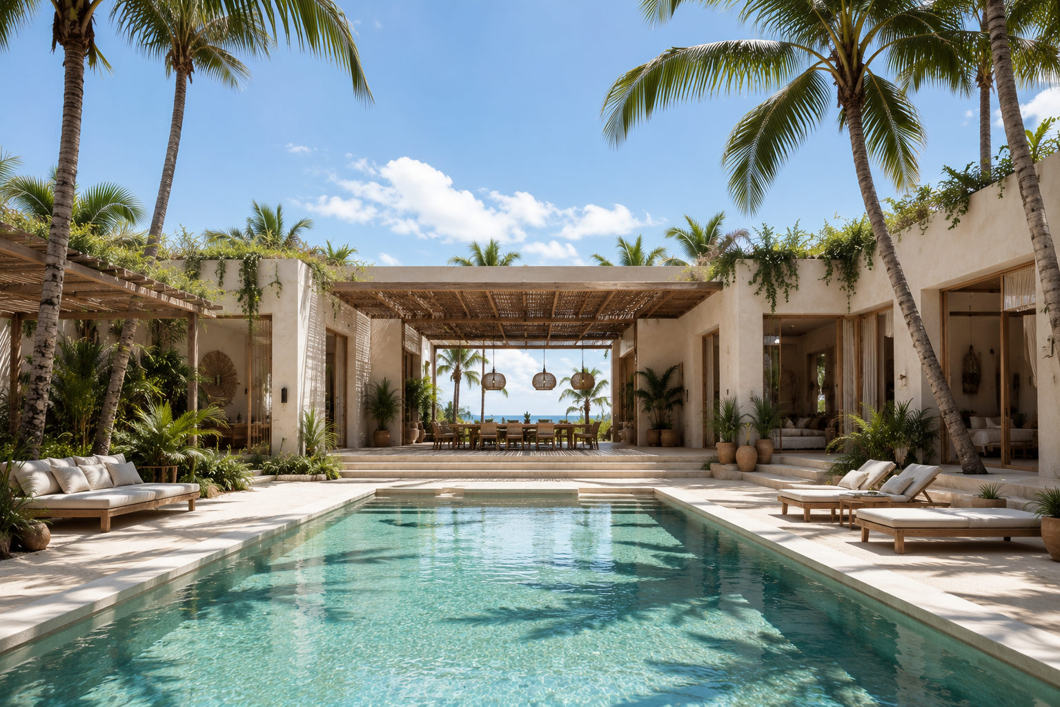 Luxurious outdoor pool area surrounded by tropical plants and palm trees, with shaded seating and a dining area overlooking the ocean in the background.