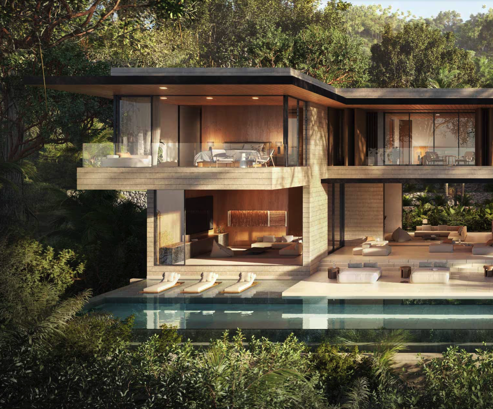 Modern multi-level house with large glass windows, outdoor pool, lush greenery, and contemporary furniture.