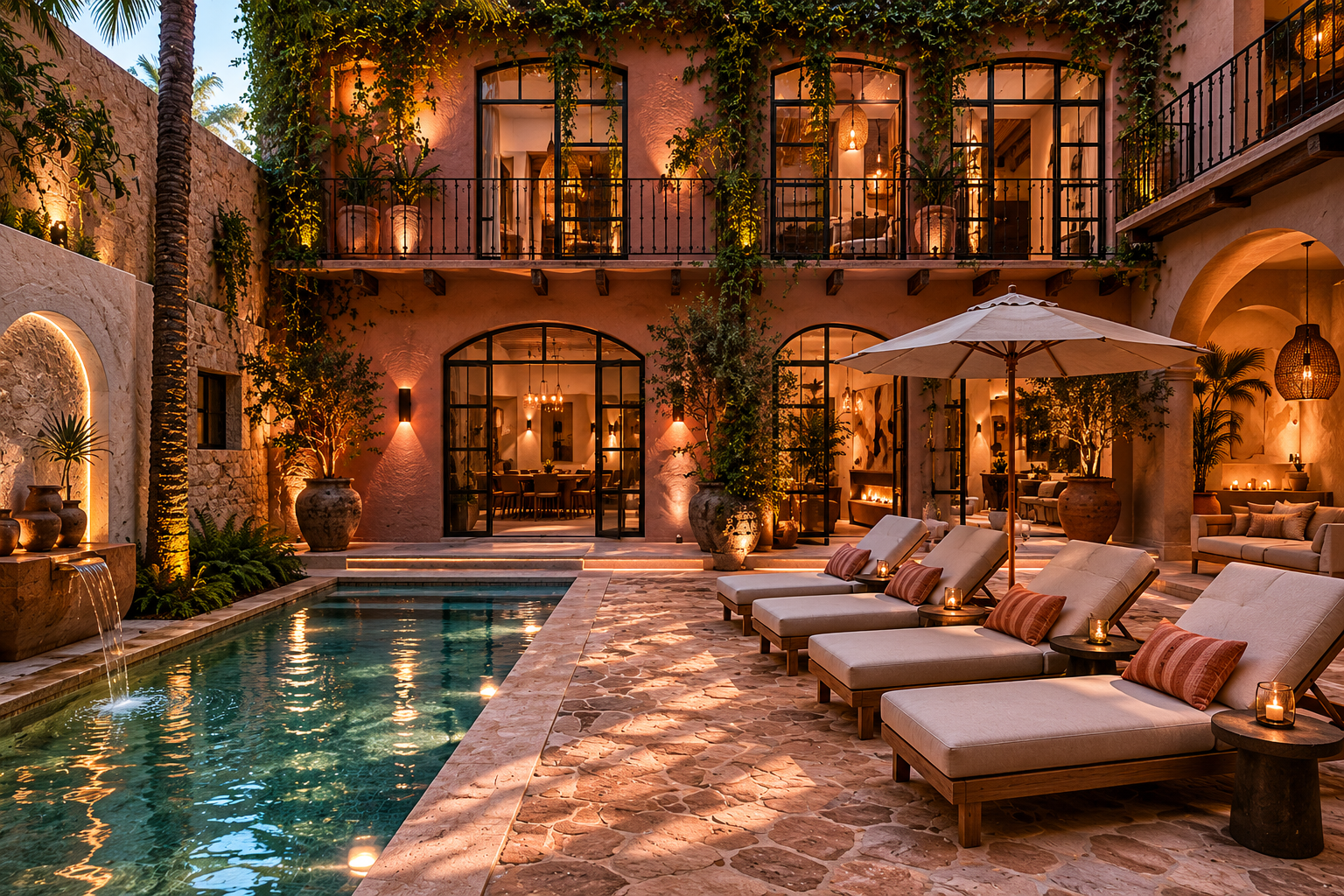A luxurious outdoor patio area with a swimming pool, sun loungers, large potted plants, and warm lighting, with a multi-story pink building featuring large windows and balconies in the background.