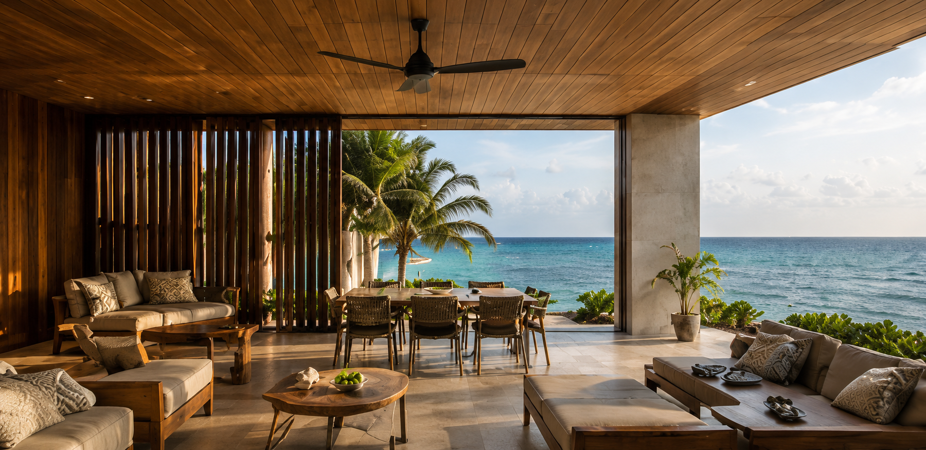 Living room with tropical ocean view, wooden ceiling, and furniture including sofas, chairs, and a dining table with chairs.