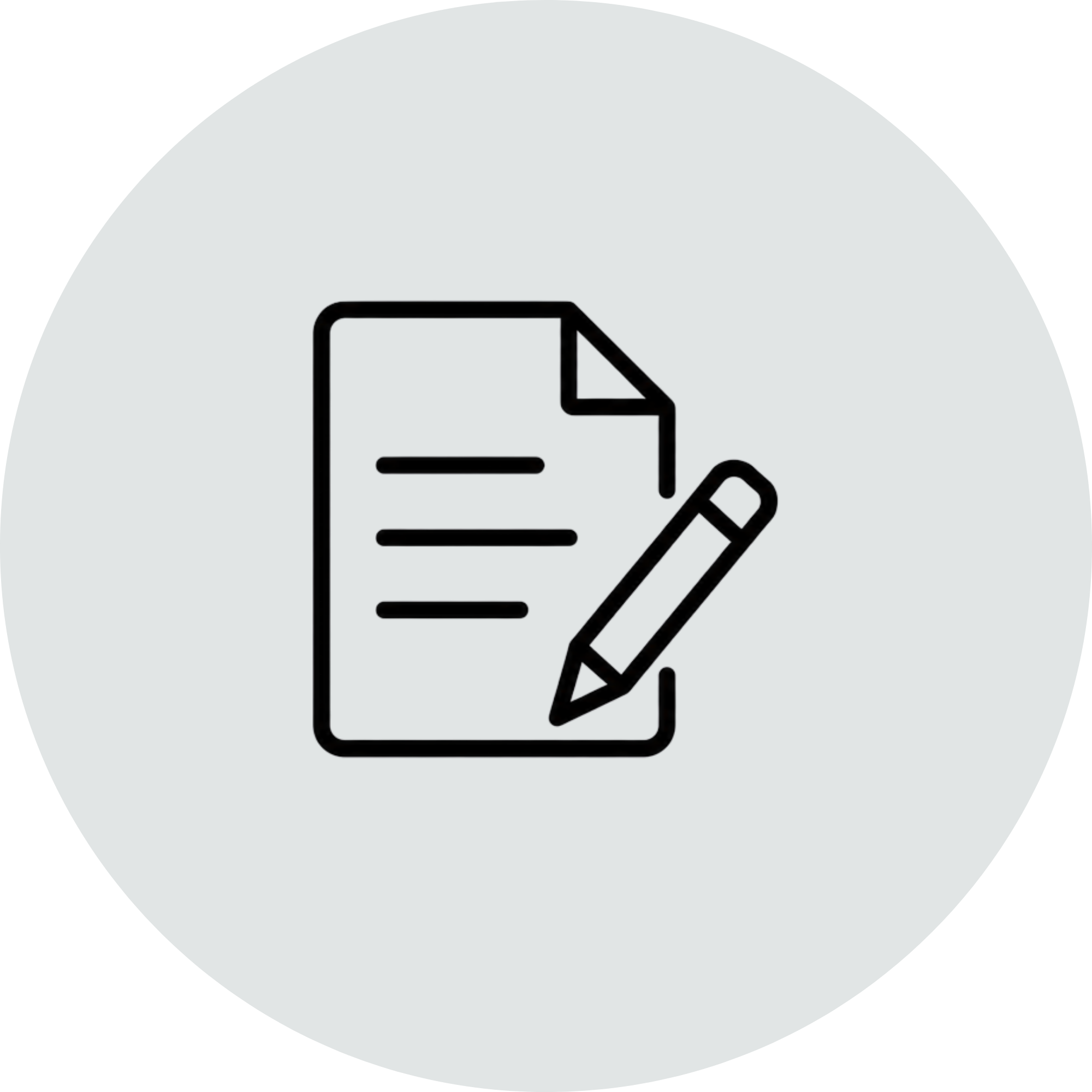 Icon of a paper sheet with lines and a pencil, inside a gray circular background.
