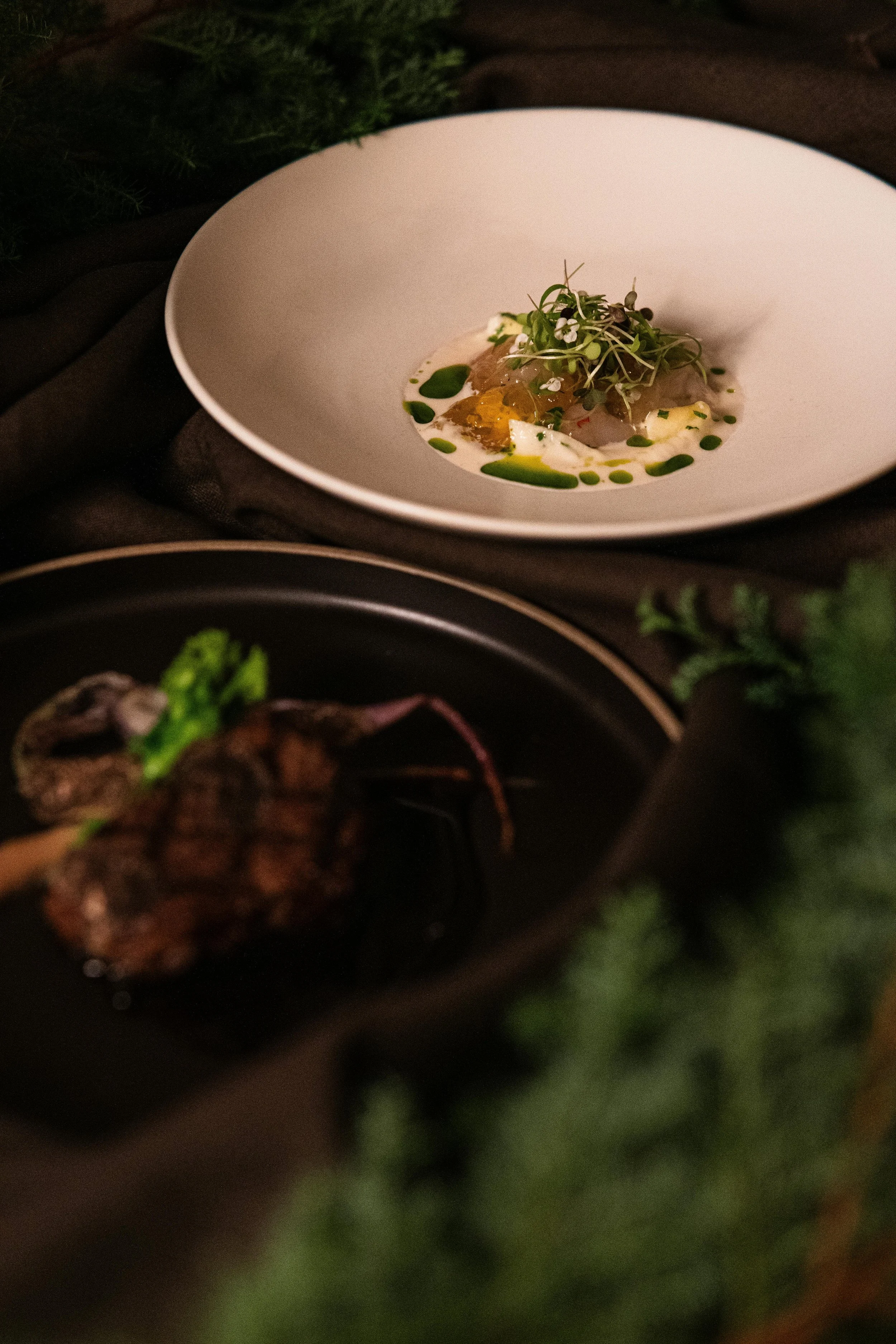 A white bowl containing a dish garnished with microgreens and accompanied by a sauce or oil drizzle.
