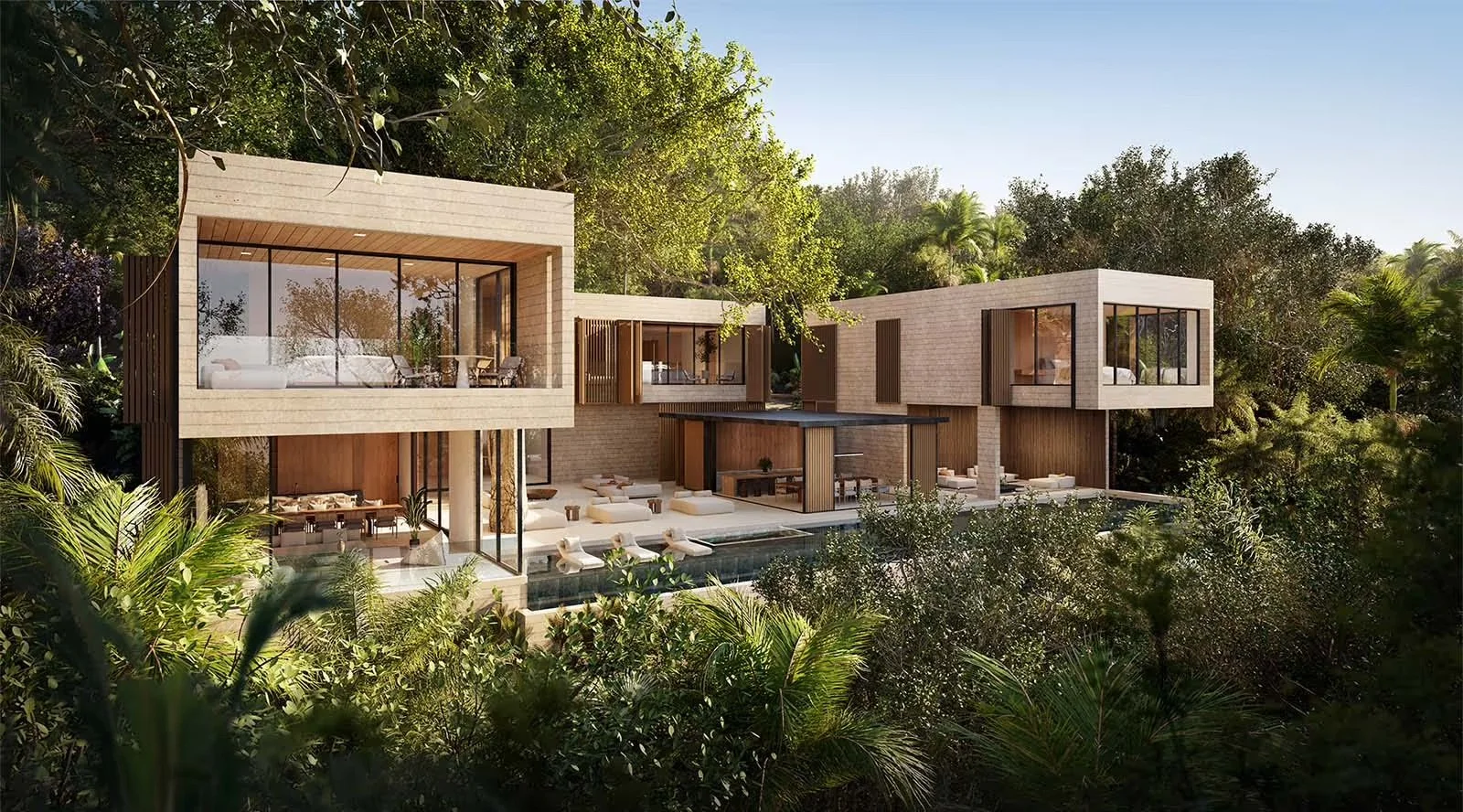 Modern house with large windows, surrounded by lush greenery and trees, featuring outdoor lounge areas, seating, and a pool.