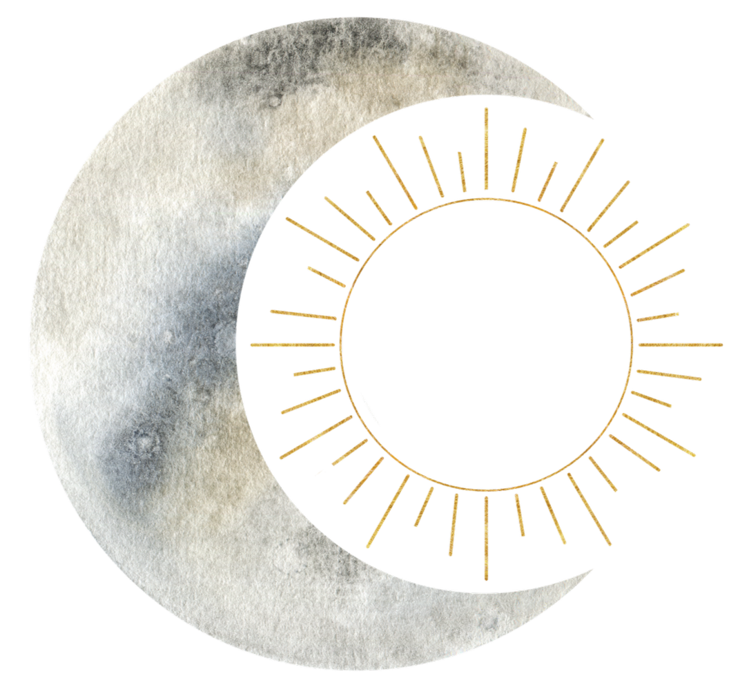 A textured moon crescent with a black background and a gold circular design featuring lines and geometric shapes.
