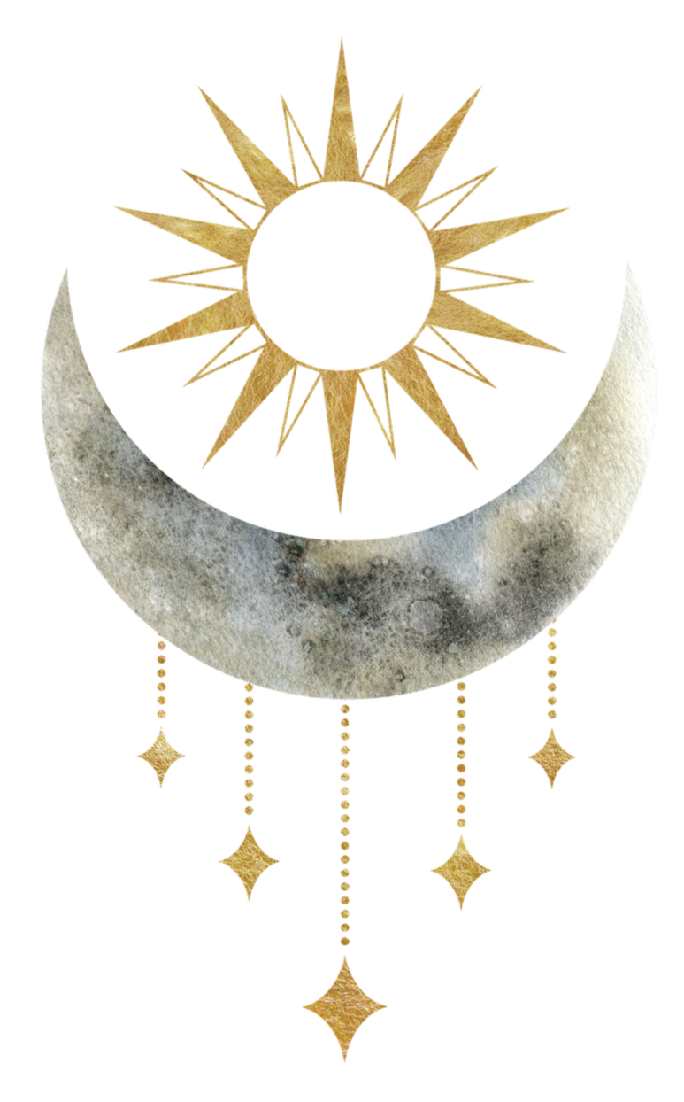 A decorative design featuring a gold sun with elongated rays above a textured crescent moon, with hanging gold stars and beads.