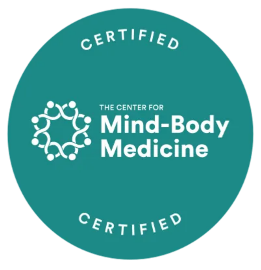 A teal circular badge with the words "CERTIFIED" at the top and bottom. In the center, it features a logo made of interconnected stylized human figures and the text "THE CENTER FOR Mind-Body Medicine."