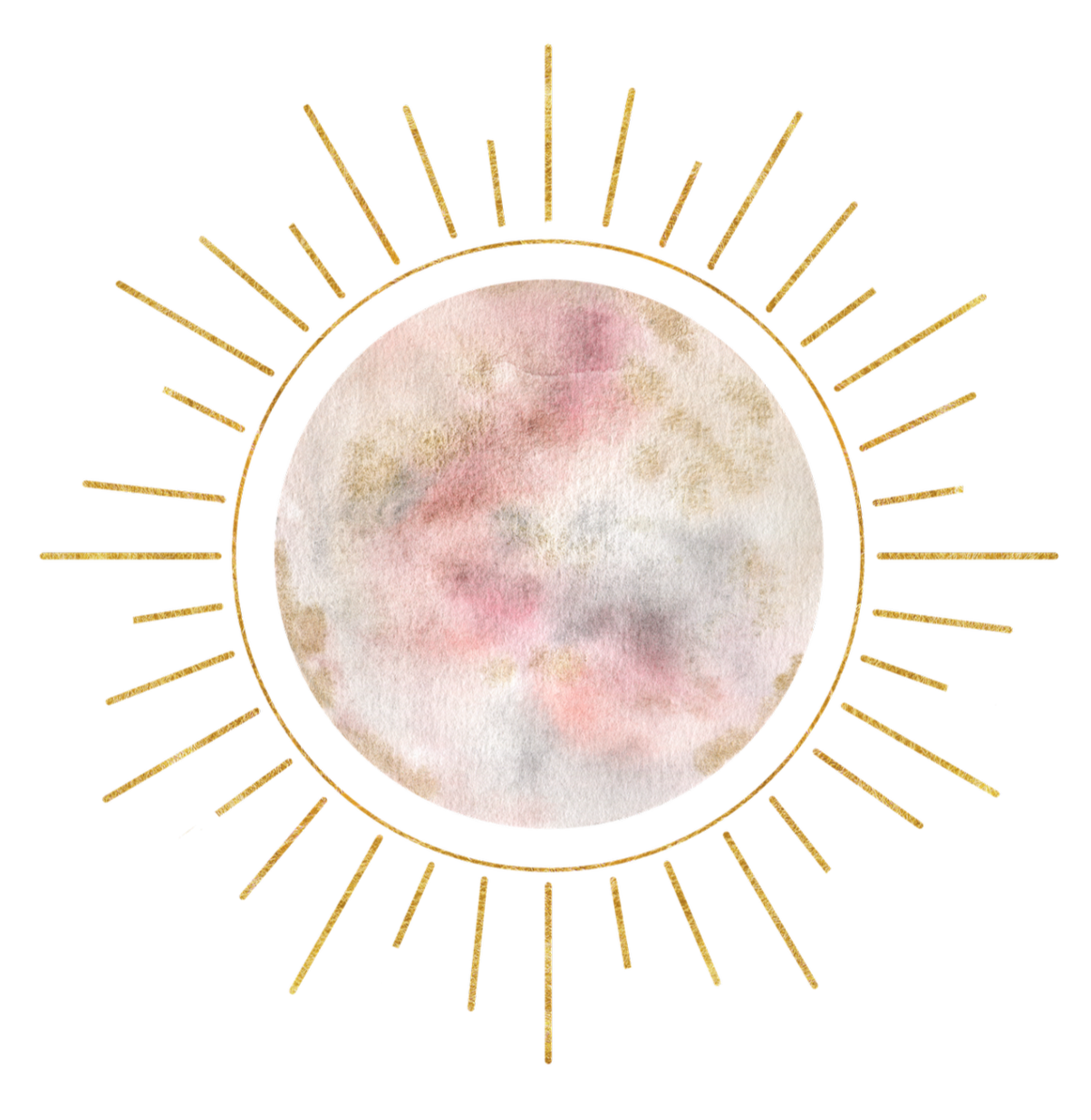 A watercolor painting of the moon with a gold sunburst frame against a black background.