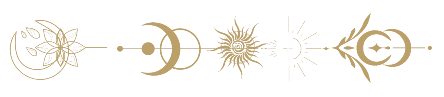 A symmetrical series of gold celestial and nature symbols on a black background, including a crescent moon with floral patterns, moons with circles, a stylized sun, a smaller sun with rays, a crescent moon with a star, and plant-like elements.