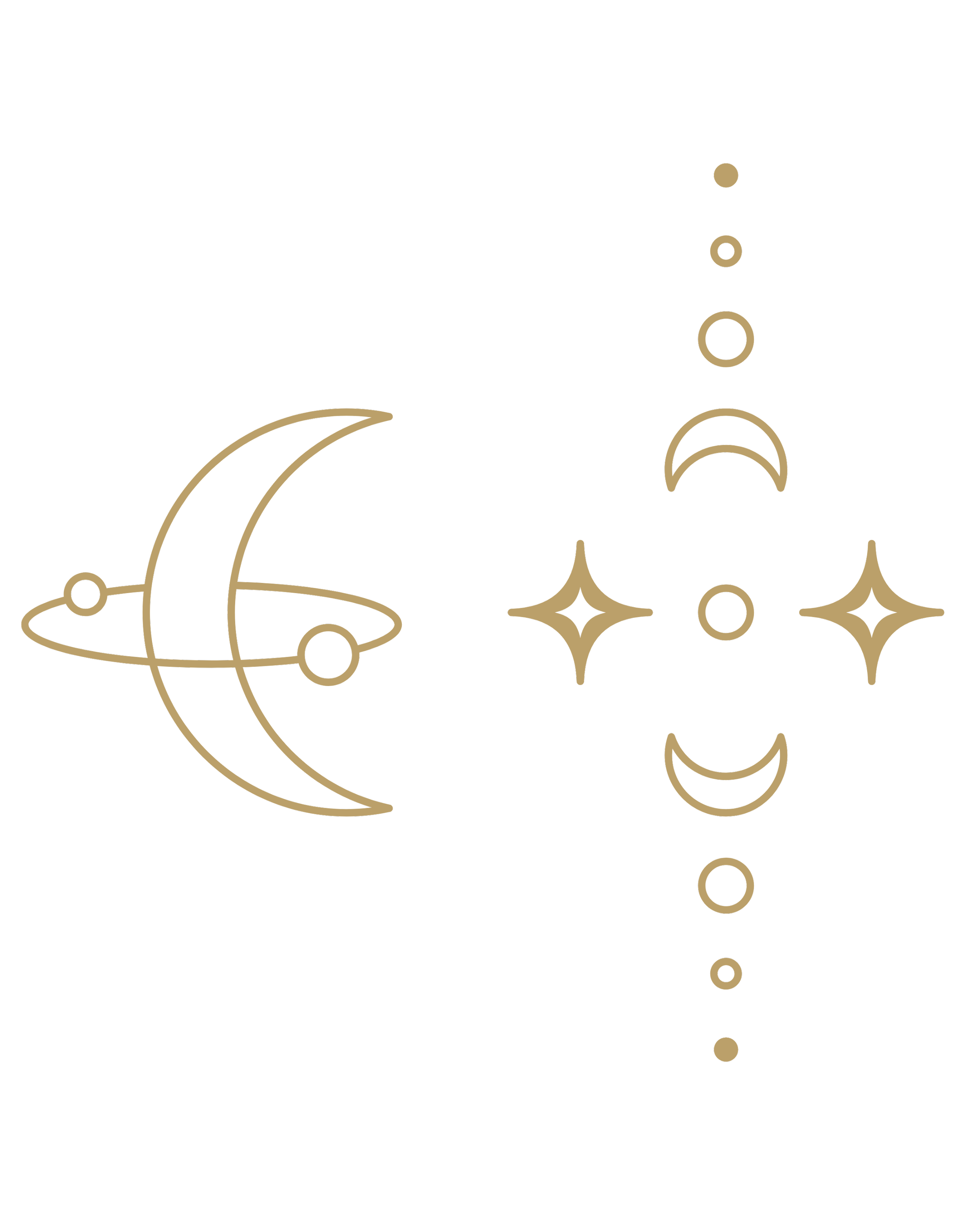 Line art illustration of a wispy cloud, a crescent moon, shimmery stars, and falling circles, all in a metallic gold color on a transparent background.