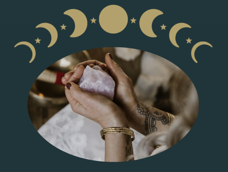 Person holding a pink healing crystal with intricate tattoos and gold jewelry, with lunar phases and moon icons in the background.