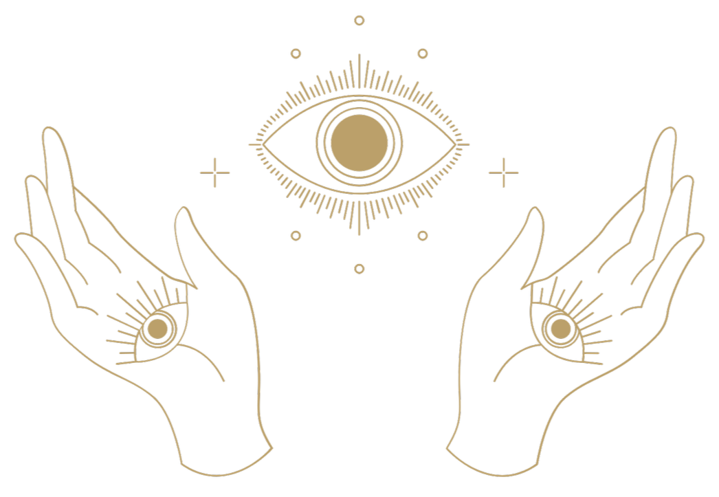 Stylized illustration of two hands with circular symbols on the palms and an eye inside an eye on the forehead, surrounded by celestial elements like stars and dots, in gold outline on black background.