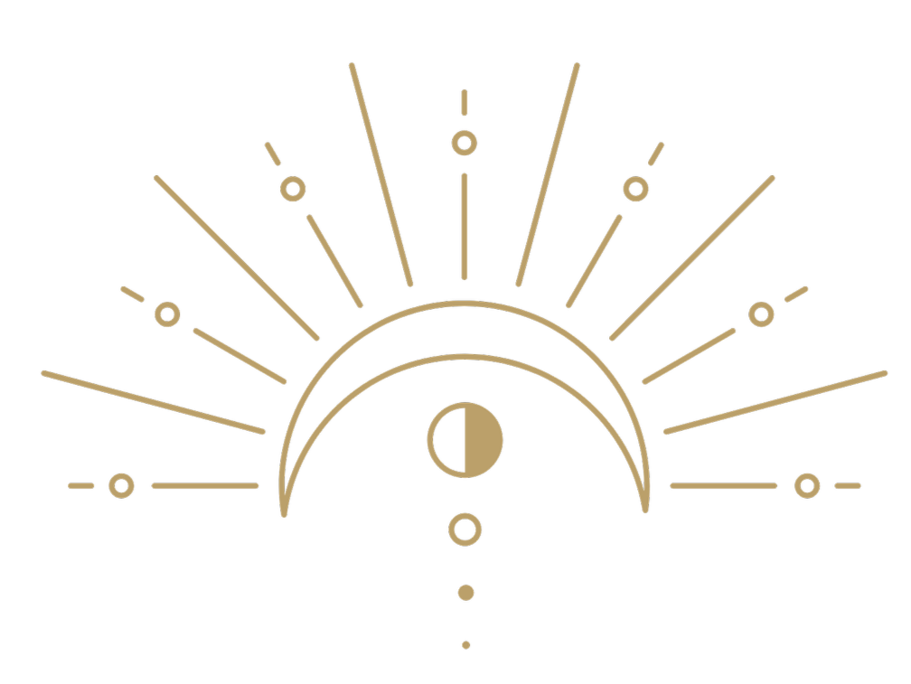 A minimalist illustration of a celestial event with a crescent moon, radiating lines, and circles, in gold on a black background.