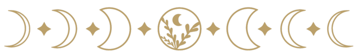 Series of moon phases in gold color, with a central moon and star design surrounded by decorative foliage.