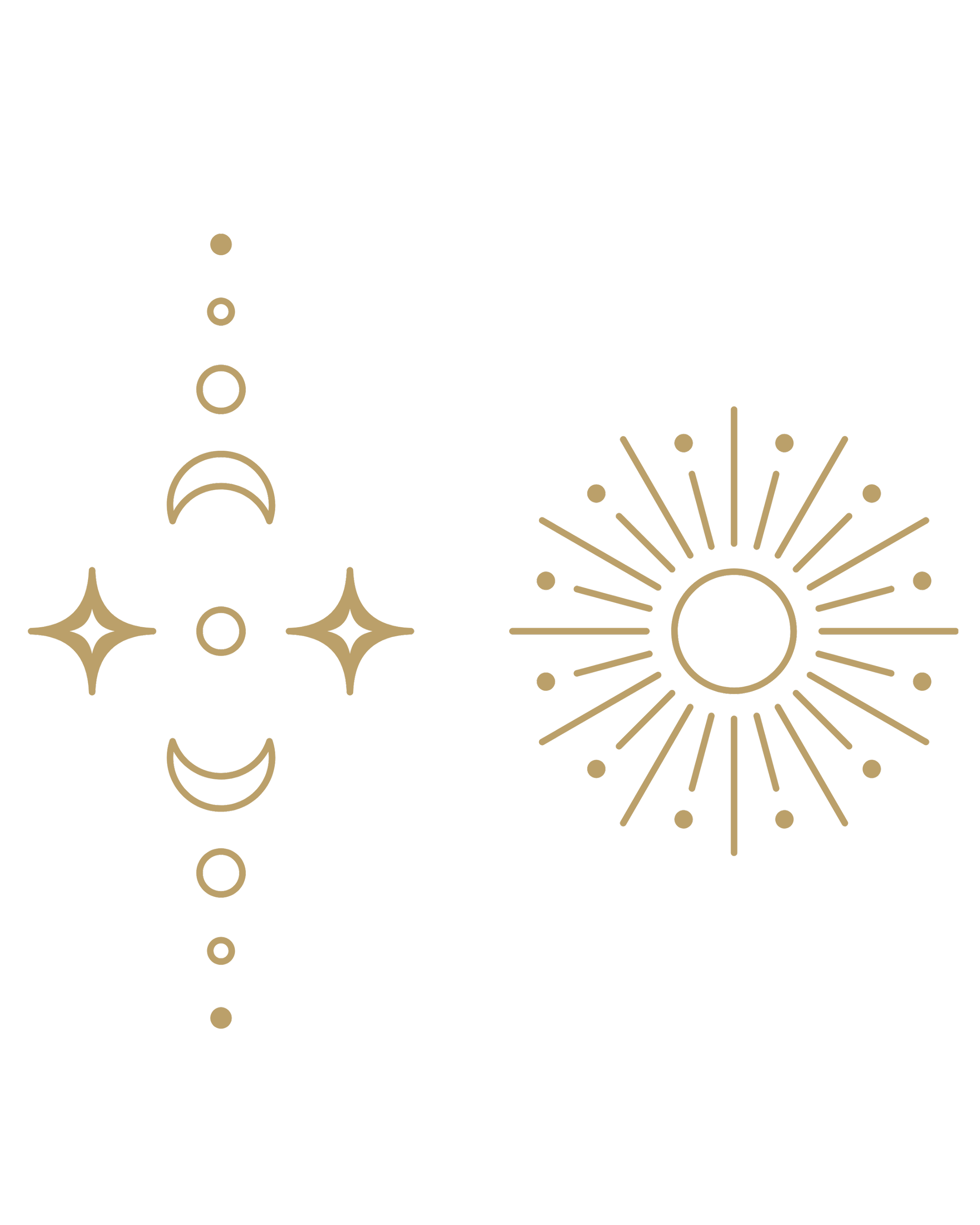 Gold celestial symbols, including the moon phases and a sunburst, on a black background.