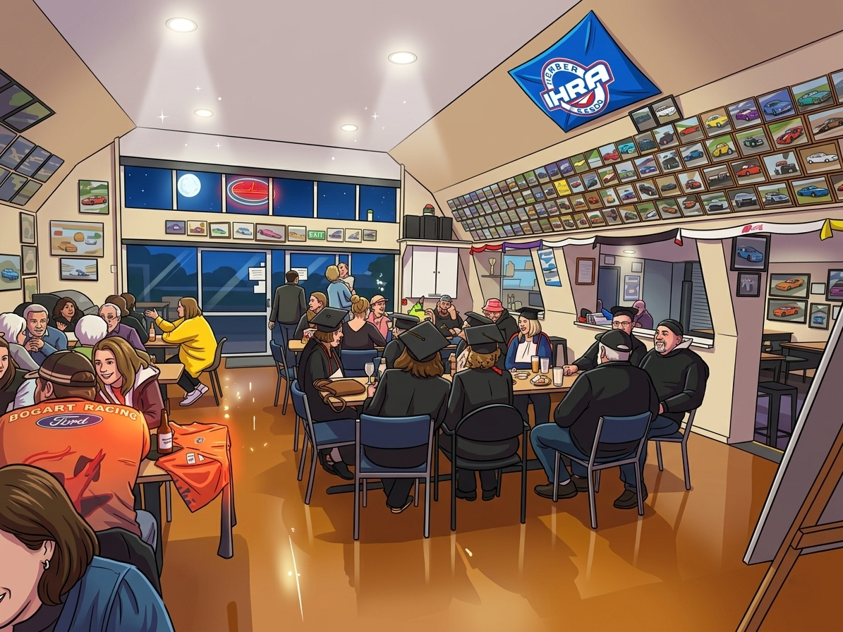 A lively indoor gathering with people celebrating a graduation, some in caps and gowns, at tables with drinks and food, with car posters and photos displayed on the walls, and a neon sign, under a ceiling with a large window and a full moon visible outside.