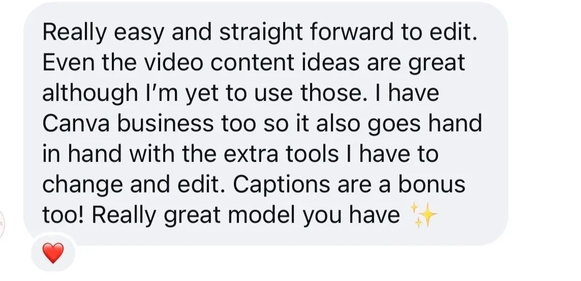 A screenshot of a text message praising the ease of editing and creating content using Canva, mentioning video ideas, tools, and captions, with a red heart emoji at the bottom.
