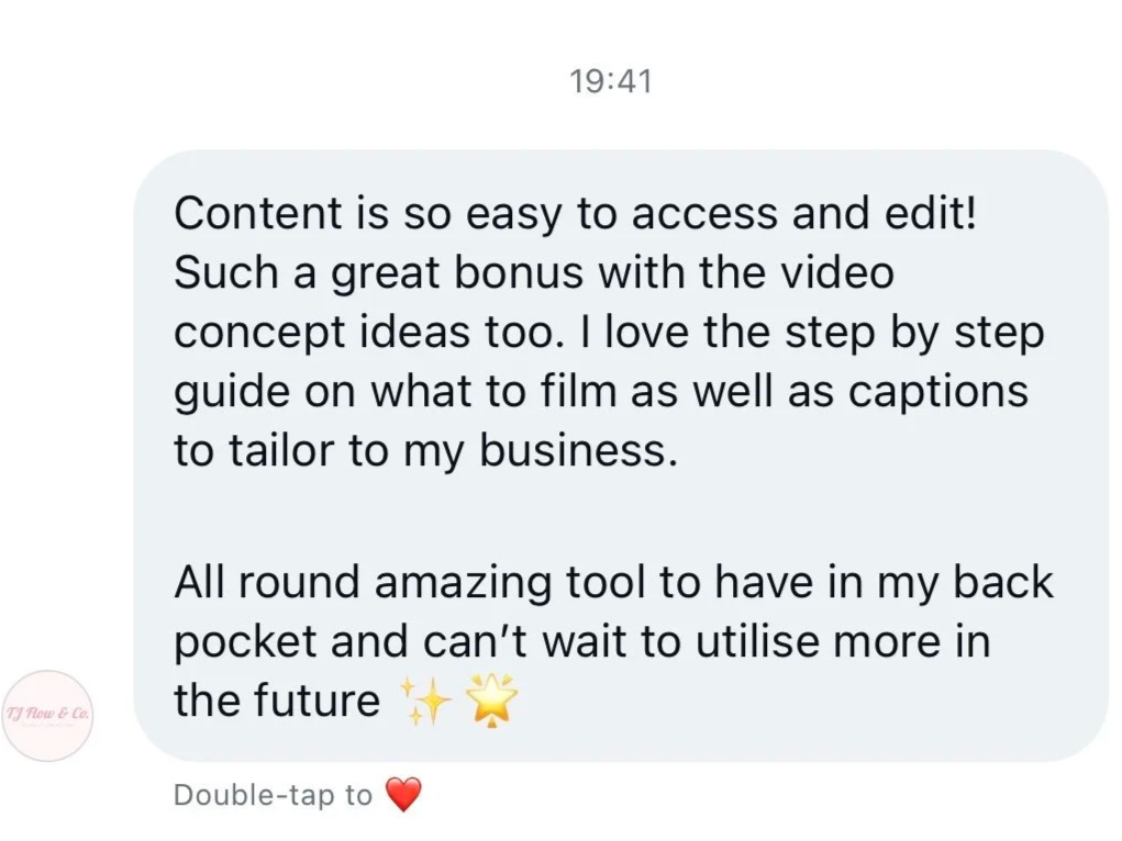 Screenshot of a text message praising the ease of content access and editing, highlighting video concept ideas, captions, and a handy tool, ending with excitement for future use.