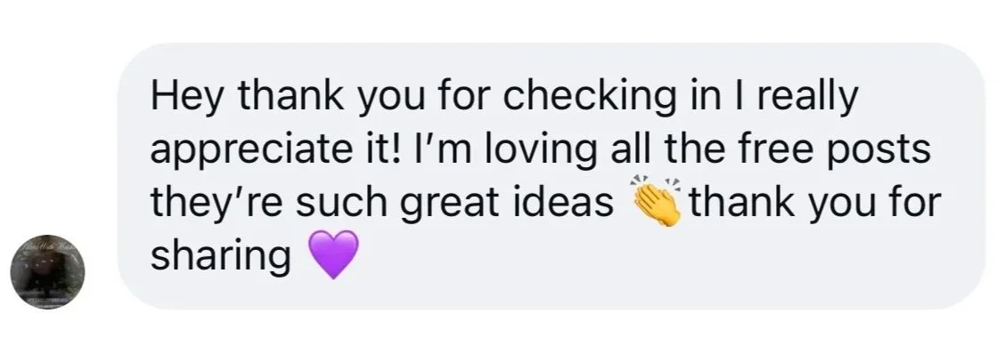 Screenshot of a text message expressing appreciation and enjoyment of free posts with ideas, including a clapping hands emoji and a purple heart emoji.