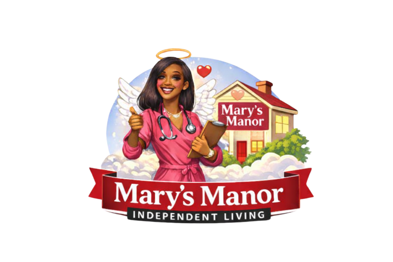 Logo for Mary's Manor, featuring a smiling woman dressed as a nurse with angel wings and a halo, holding a clipboard and giving a thumbs-up in front of a house with a sign that says Mary's Manor, with clouds and hearts in the background and a red banner with the text 'Mary's Manor' and 'Independent Living'.