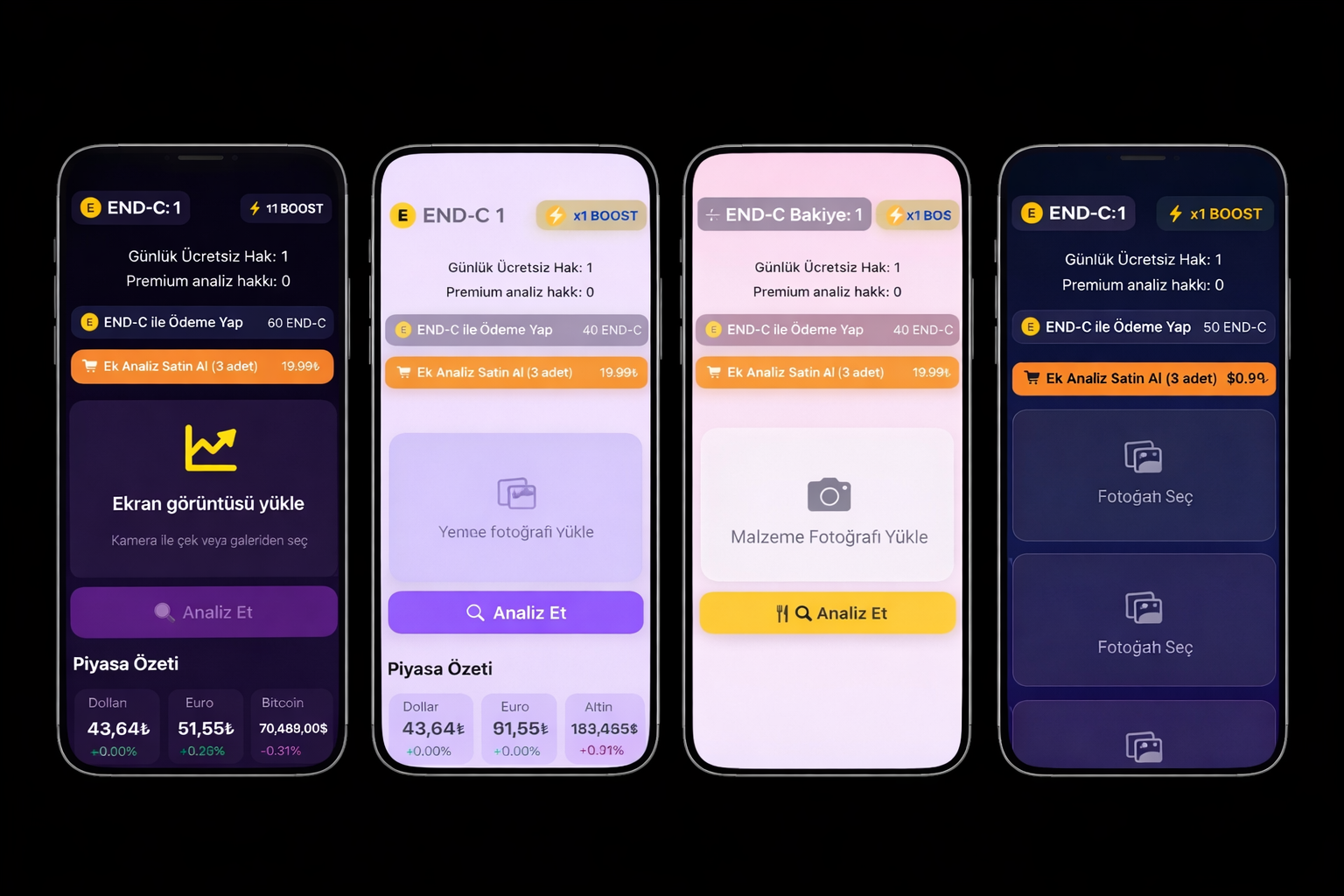 ENDURE app AI analysis screens showcasing food analysis, ingredient breakdown, financial market insights, and smart decision tools powered by END-C credits.