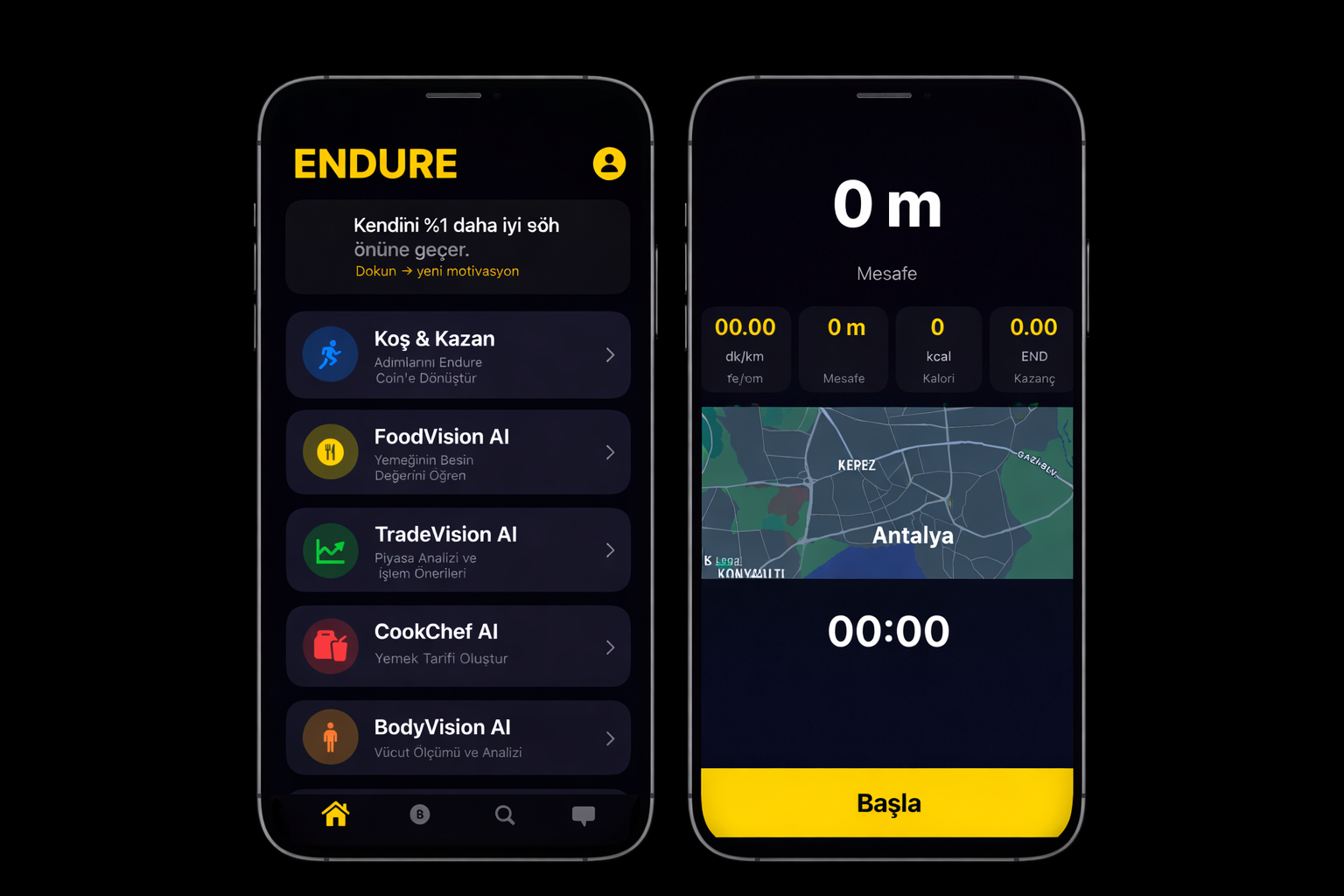 ENDURE mobile app interface displaying features such as running tracker, FoodVision AI, TradeVision AI, nutrition analysis, and body metrics. Shows real-time distance tracking and smart coaching tools.