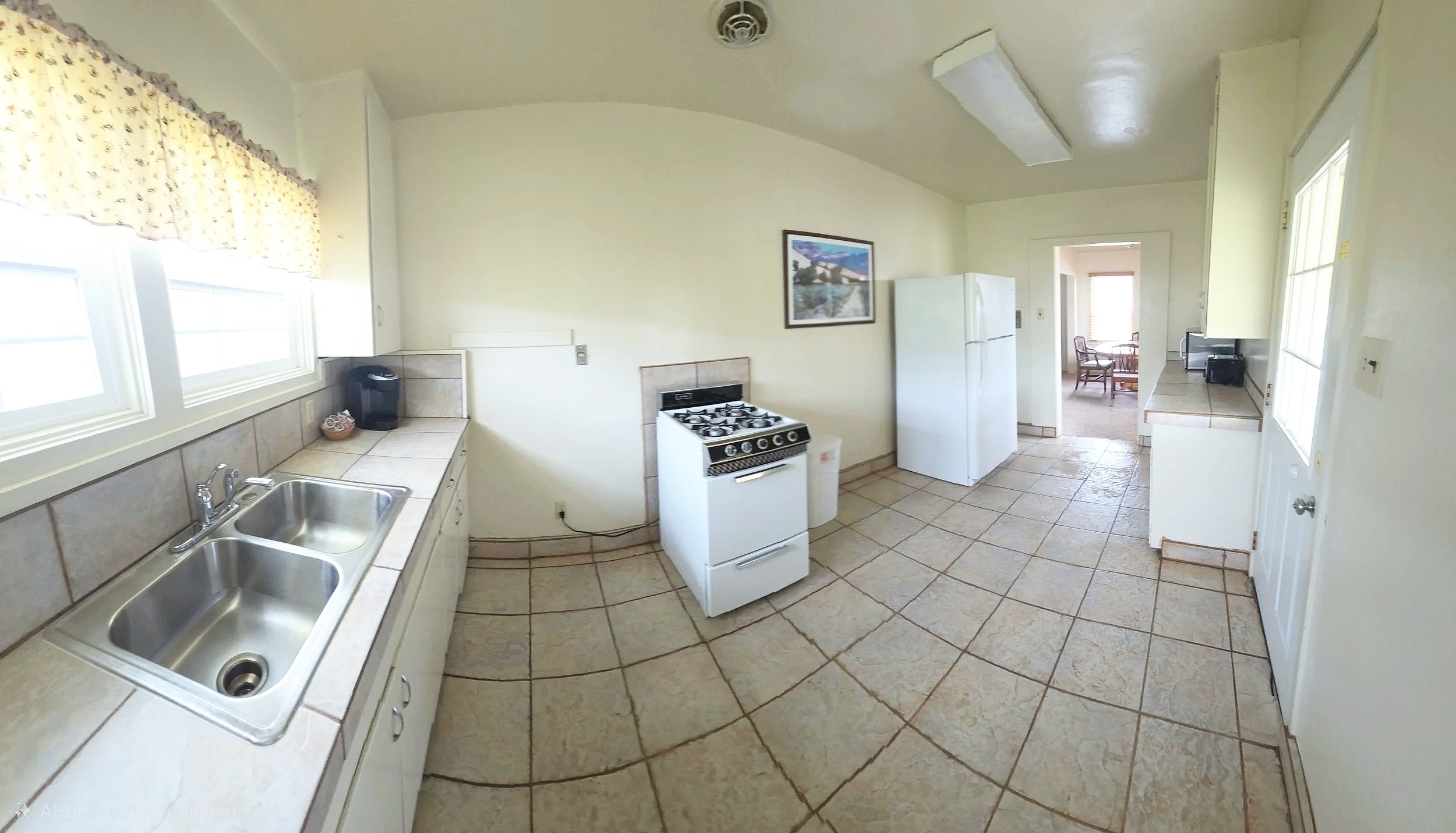 Kitchen with white refrigerator, stove, wall fire extinguisher, and dining area with wooden table and chairs.