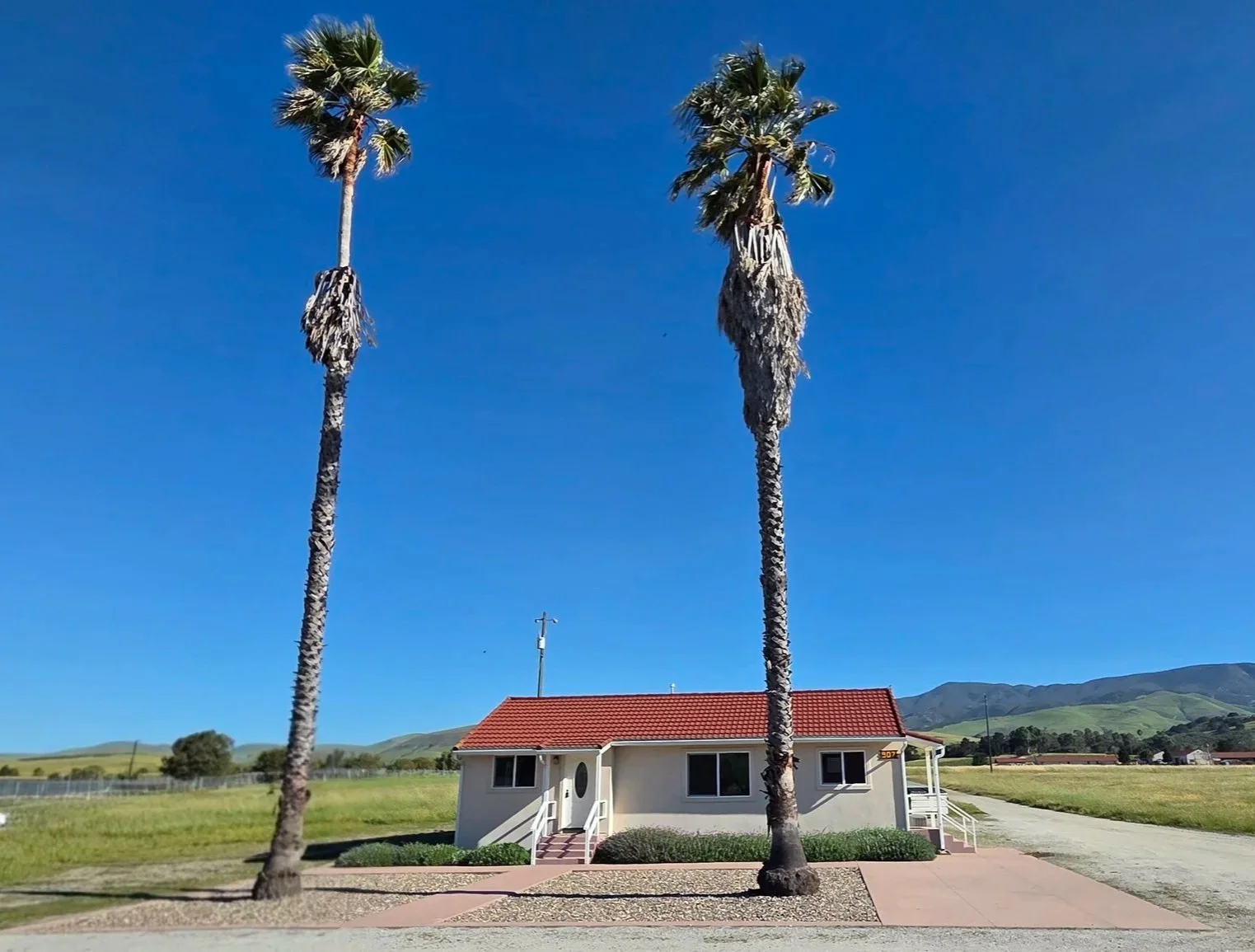 A small white house with a red tile roof and front steps, two tall palm trees in front, green grass, a gravel path, and mountains in the background under a clear blue sky.