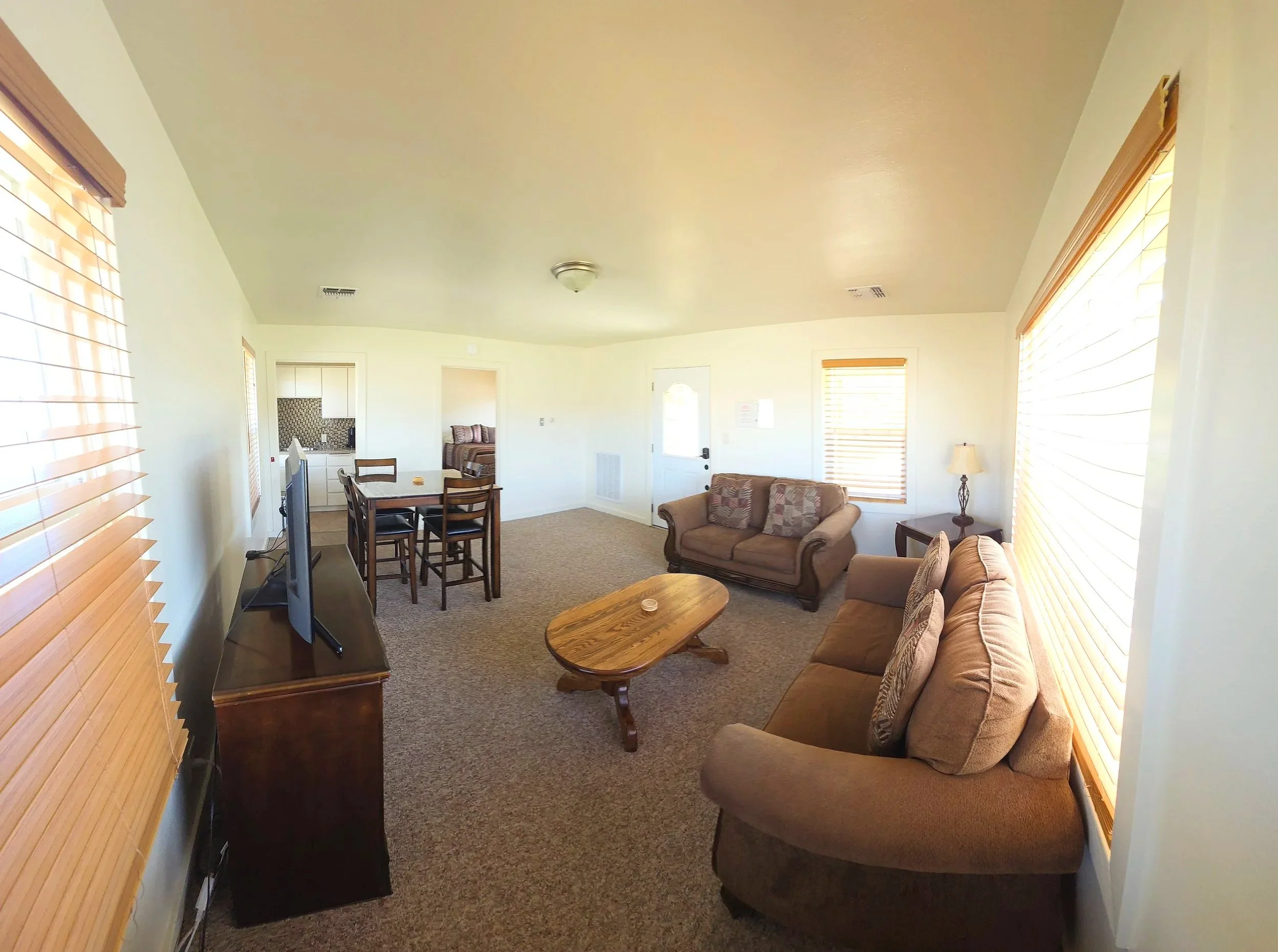 Living room with beige carpet, two sofas, a dining table with chairs, a TV on a stand, and multiple windows providing natural light.