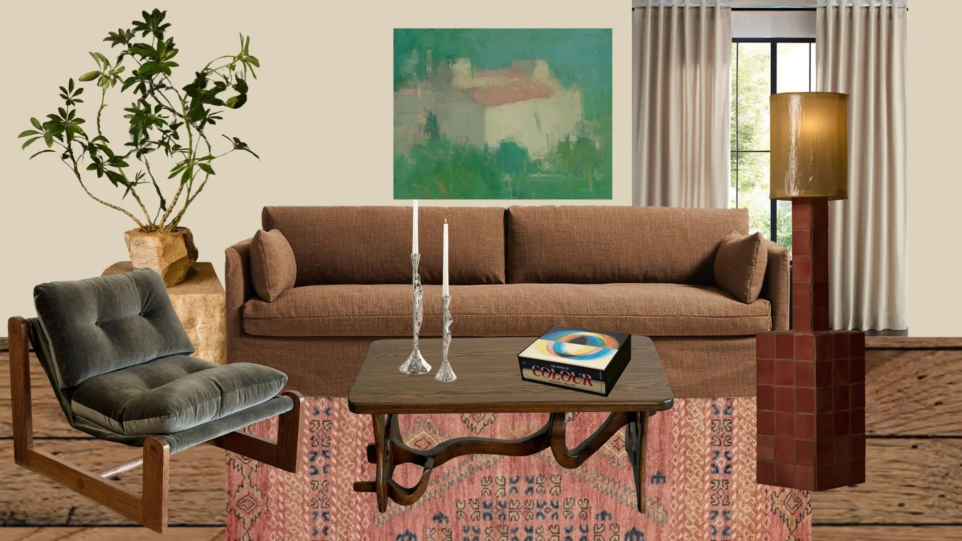 Living room with beige walls, brown sofa, gray armchair, wooden coffee table with books and candles, large window with white curtains, green abstract painting, potted plant, and standing floor lamp.