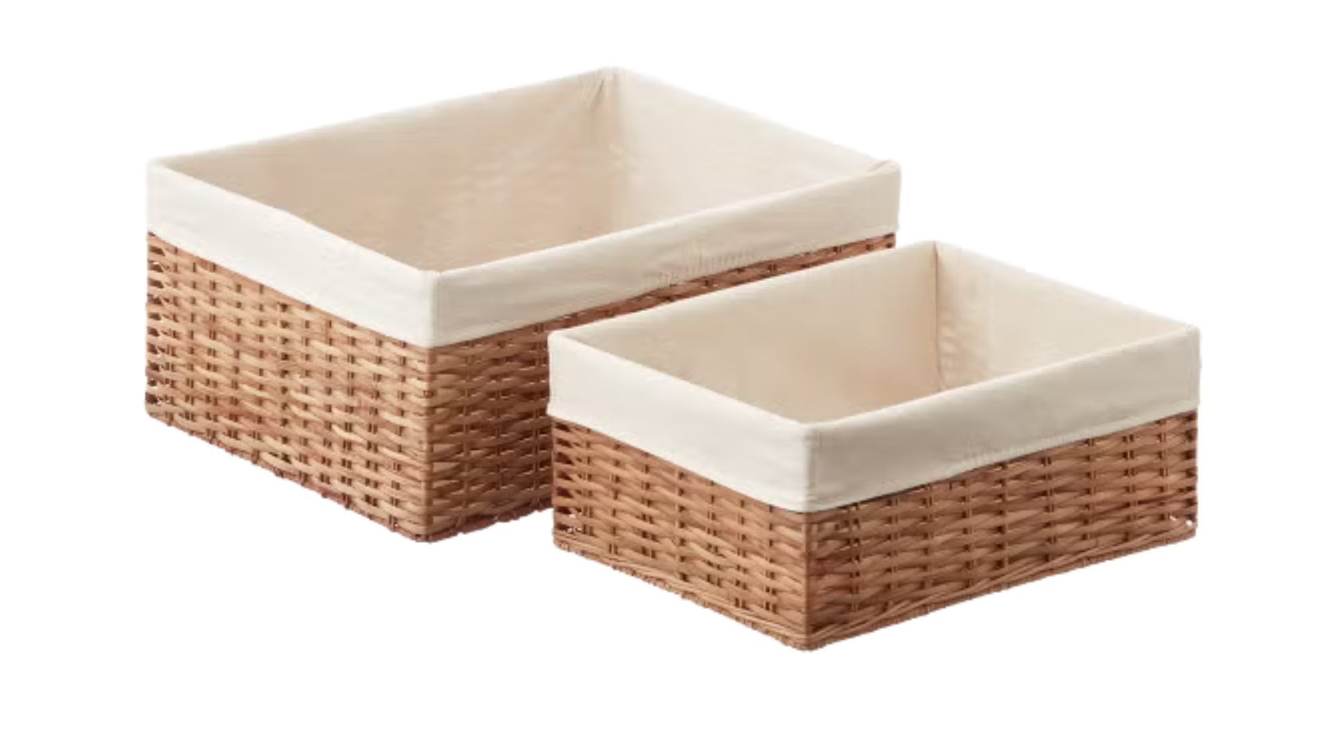 Two rectangular woven baskets with white fabric linings, one larger than the other.