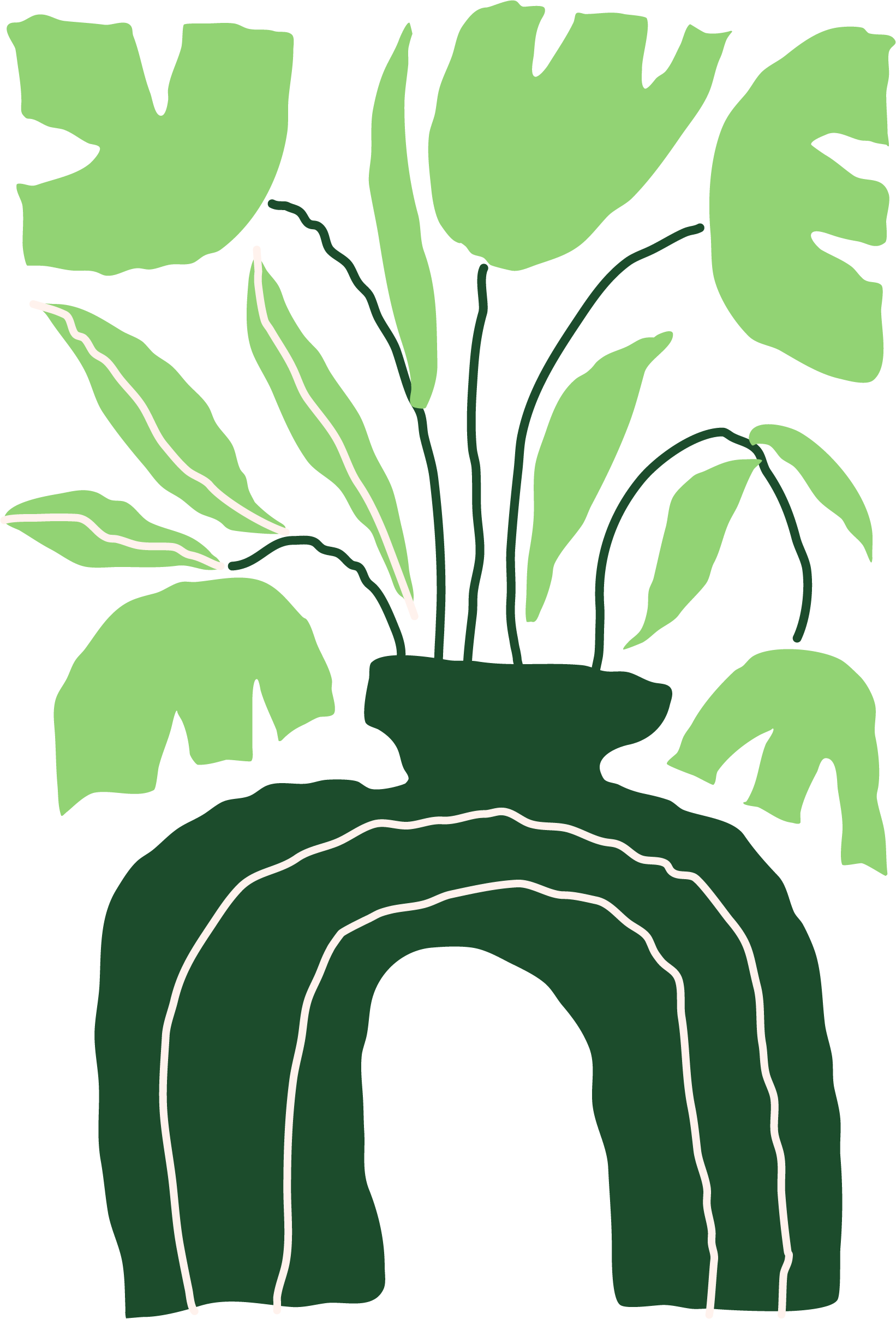 An illustration of bright green tulips in a dark green planter.