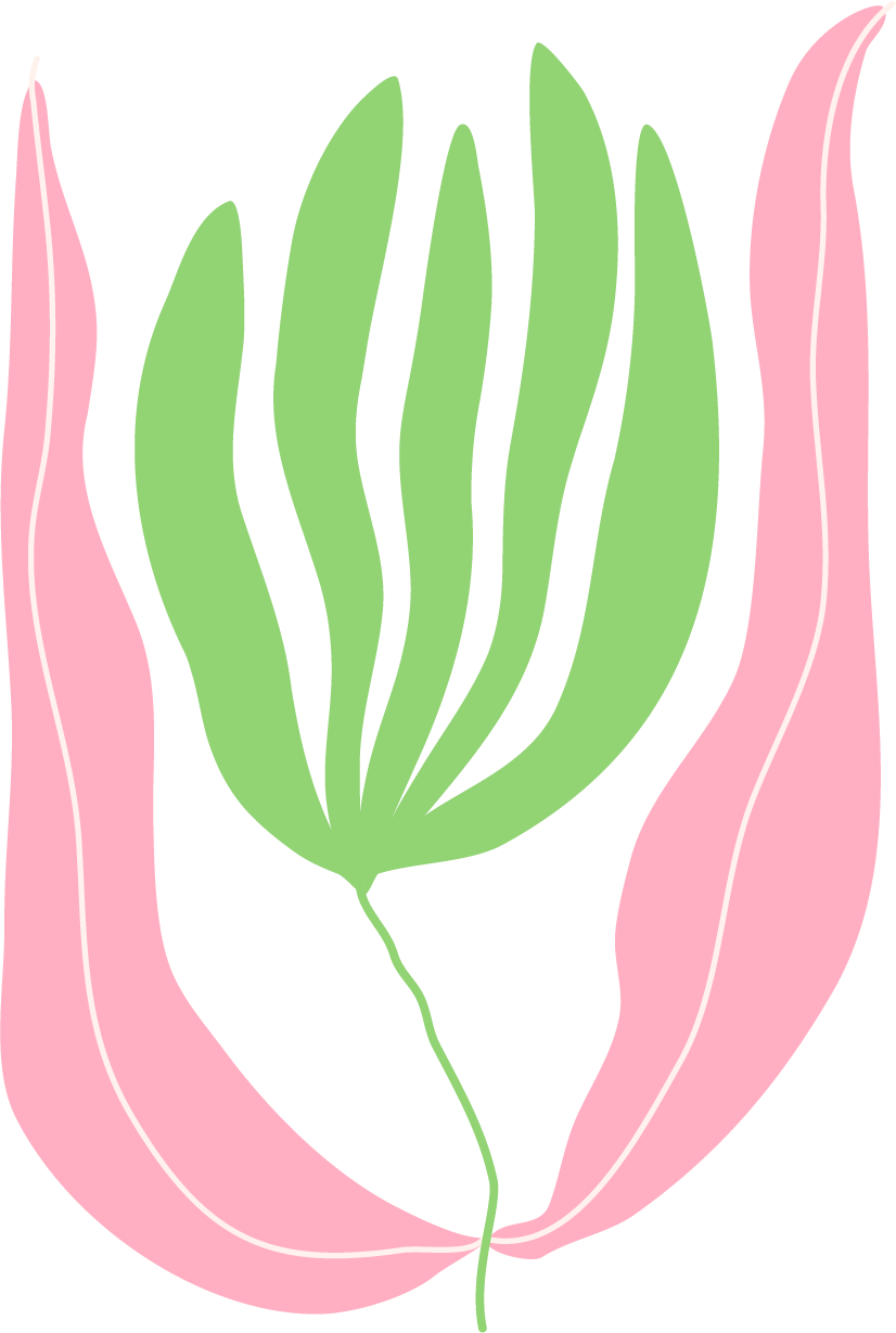 An illustration of a green flower with pink leaves.