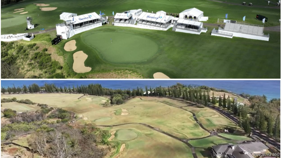 A comparison between what the Kapalua Plantation golf course looked like during its last PGA tournament event in January (top picture) versus what it looked like on Aug. 12 (bottom picture).
