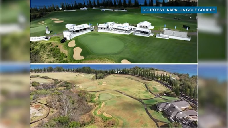 An aerial view of Kapalua Golf Course showing the golf course layout, greens, sand bunkers, and surrounding landscape with trees and water.