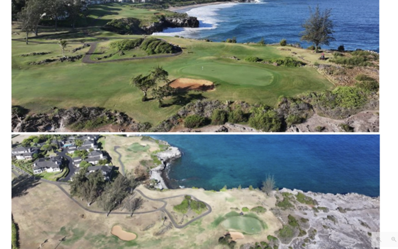 Kapalua Bay Course is shown on Dec. 19, 2024, (top) and Aug. 12, 2025, illustrating the impact of insufficient water supply, according to a lawsuit against Maui Land & Pineapple. Courtesy photos