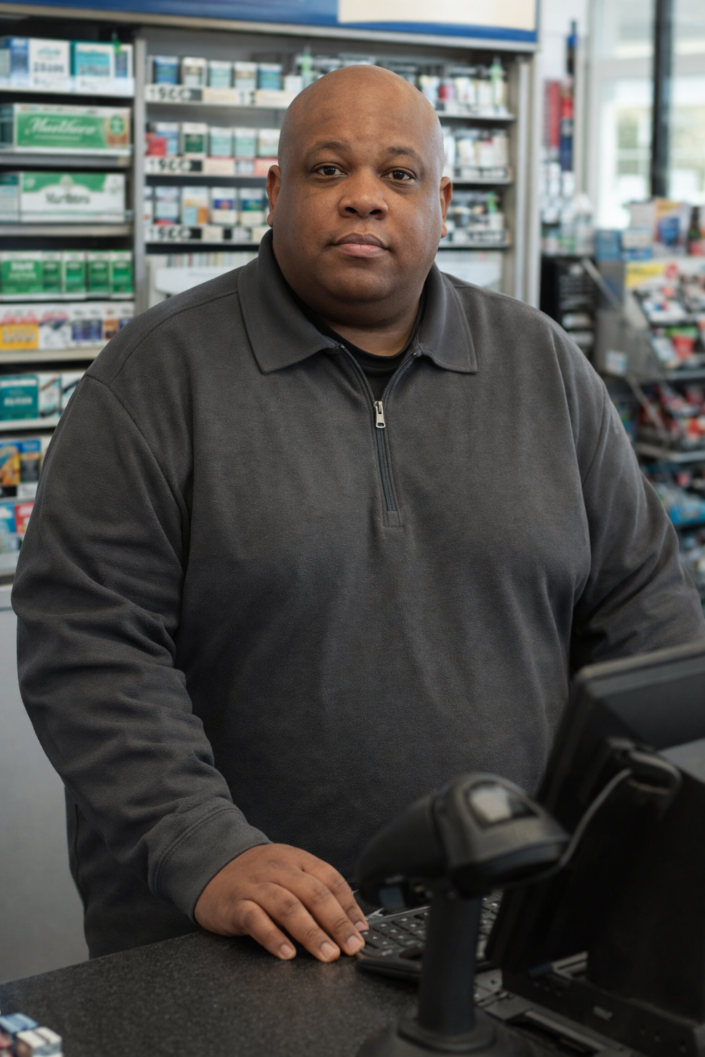 A man standing at a pharmacy counter, surrounded by shelves stocked with medicines and health products.