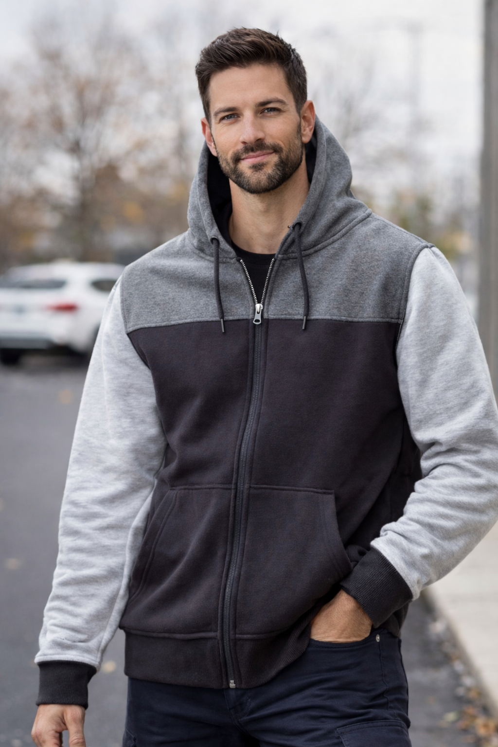 Young man in a black and gray hoodie with one hand in pocket, standing outdoors on a cloudy day.