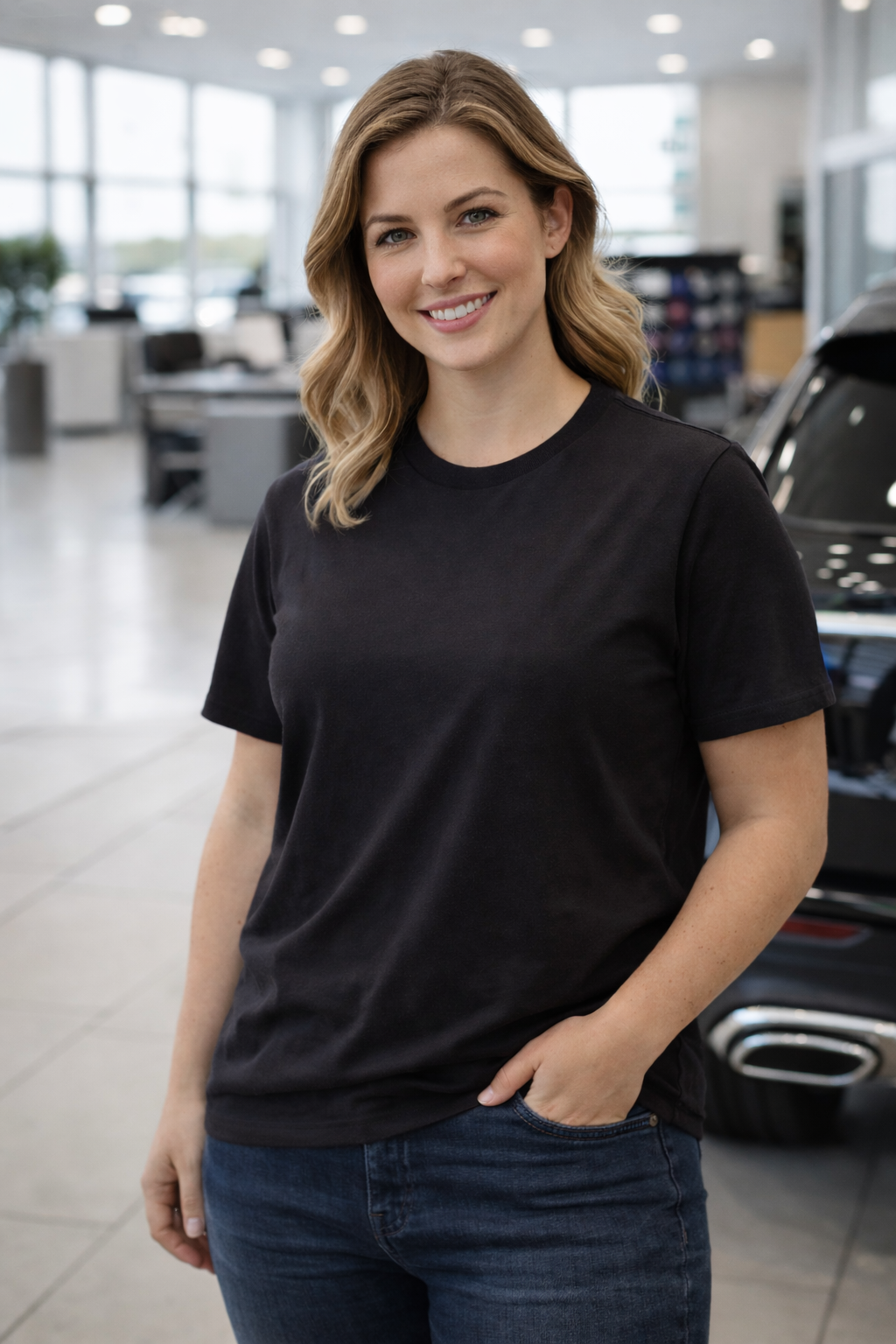 A young woman with shoulder-length wavy blonde hair smiling, wearing a black t-shirt and jeans, standing inside a modern car showroom.