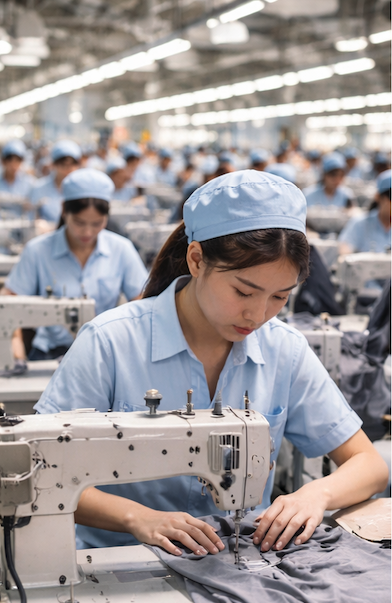 Women working on sewing machines in a factory setting.