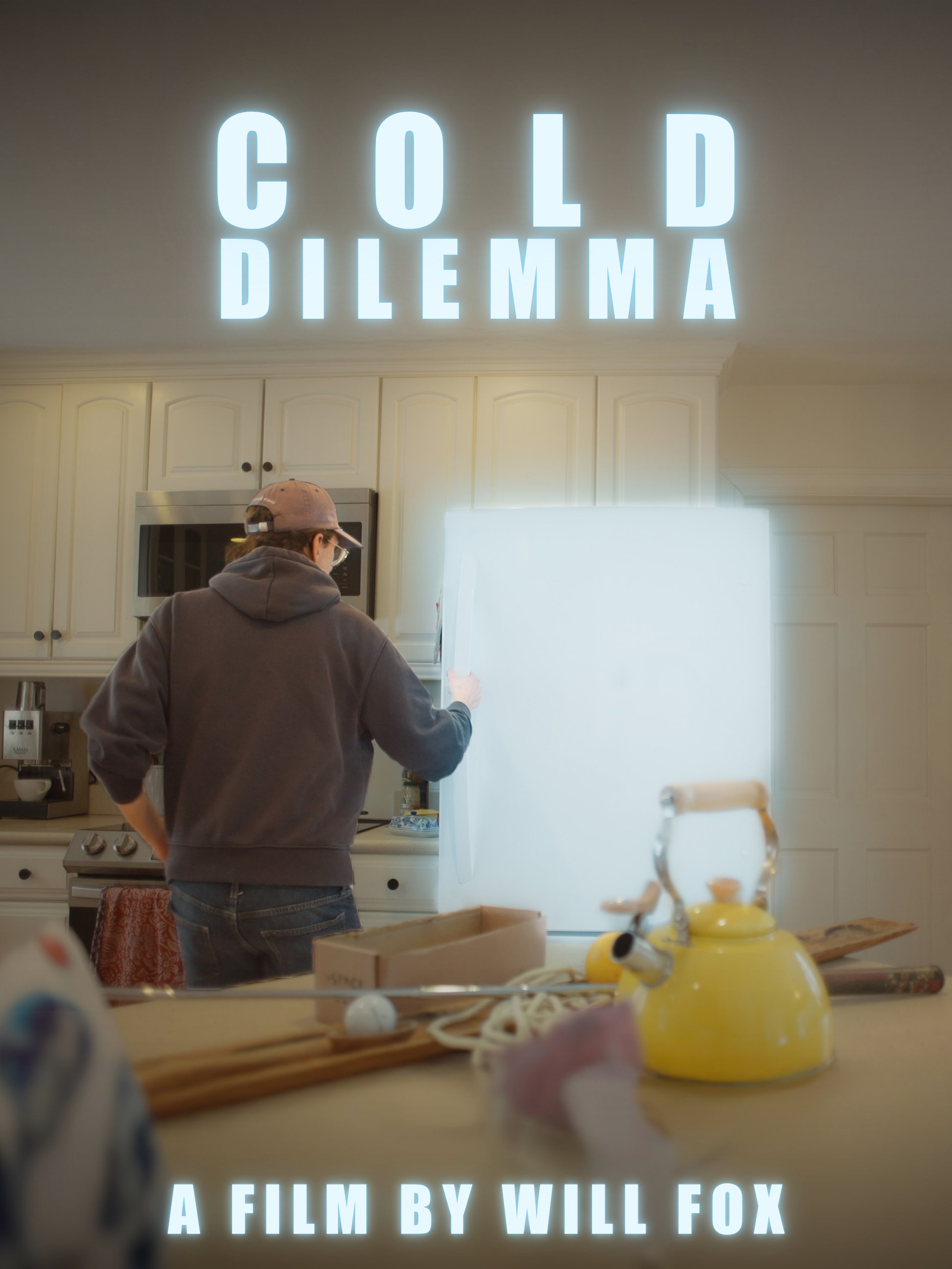 Person wearing a hoodie and cap standing in a kitchen with white cabinets and an oven, looking at a large whiteboard or screen. Neon sign on the wall above reads 'COLD DILEMMA.' Caption at the bottom says 'A FILM BY WILL FOX.'