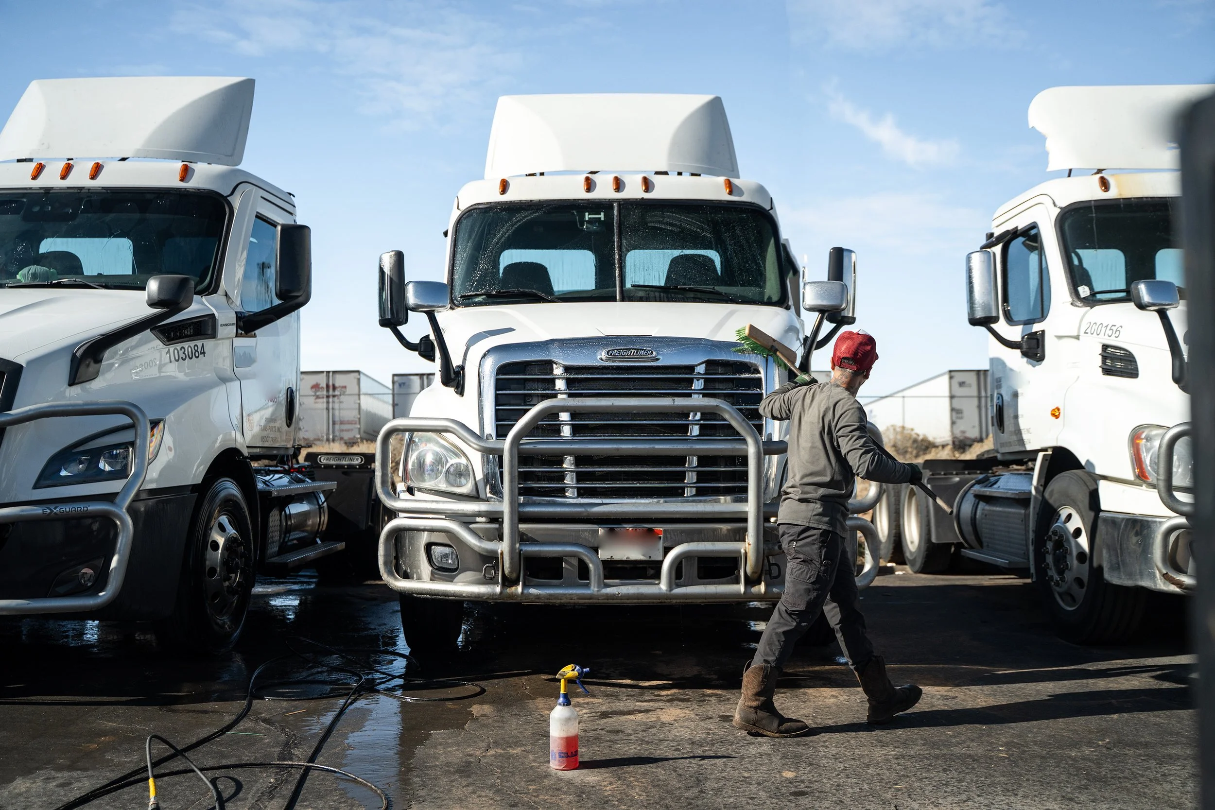 A person cleaning a large white semi-truck with a brush, surrounded by other semi-trucks, on a wet surface outside on a sunny day.