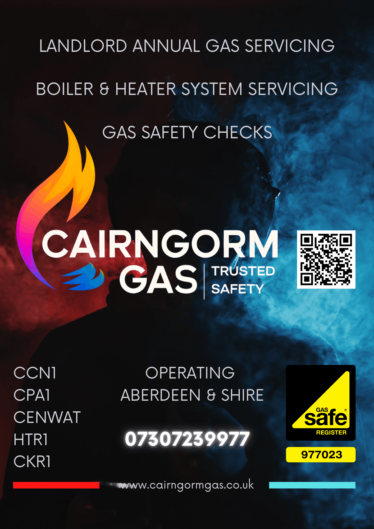 Cairngorm Gas service banner for Aberdeen & Shire: Landlord gas servicing, boiler repairs, and gas safety checks. Registered Gas Safe engineer (CCN1, CPA1, CENWAT, HTR1, CKR1). Call or SMS 07307239977